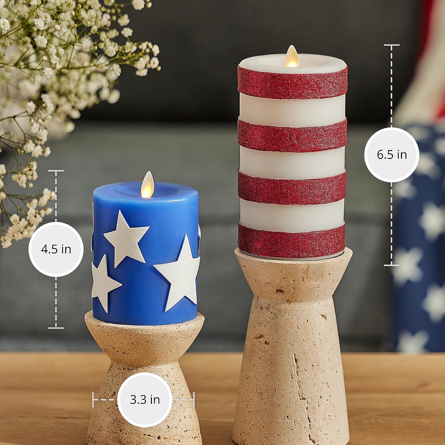Luminara Flameless LED Stars & Stripes, 2 Patriotic Americana Pillar Candles, Timer, Remote Ready, American Flag Design for July 4th Memorial Day