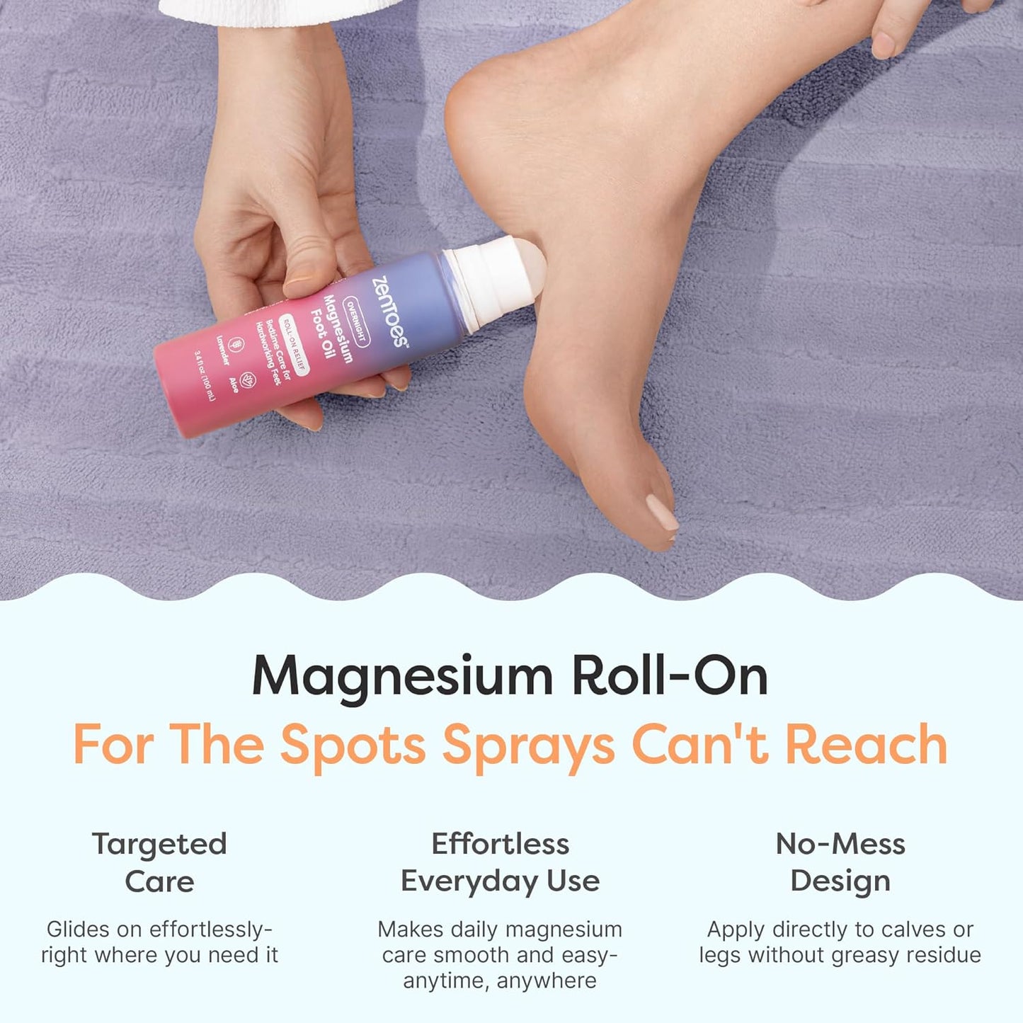ZenToes Magnesium Oil for Feet | Targeted Tension Relief Roller Ball for Restless Legs & Feet | Magnesium Spray Alternative for Restful Sleep | Lavender & Mint Scent | 3.4oz