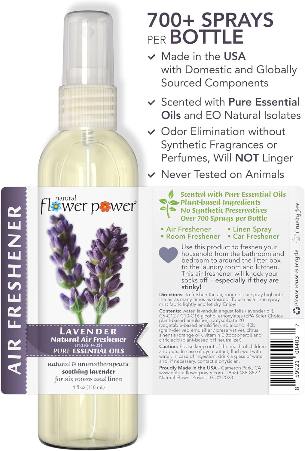 Natural Flower Power Air Freshener Spray - Odor Eliminator with Essential Oils for the Home, Car & Fabric - Cruelty Free & Vegan - 3 Pack - Lavender - 3 x 4 oz