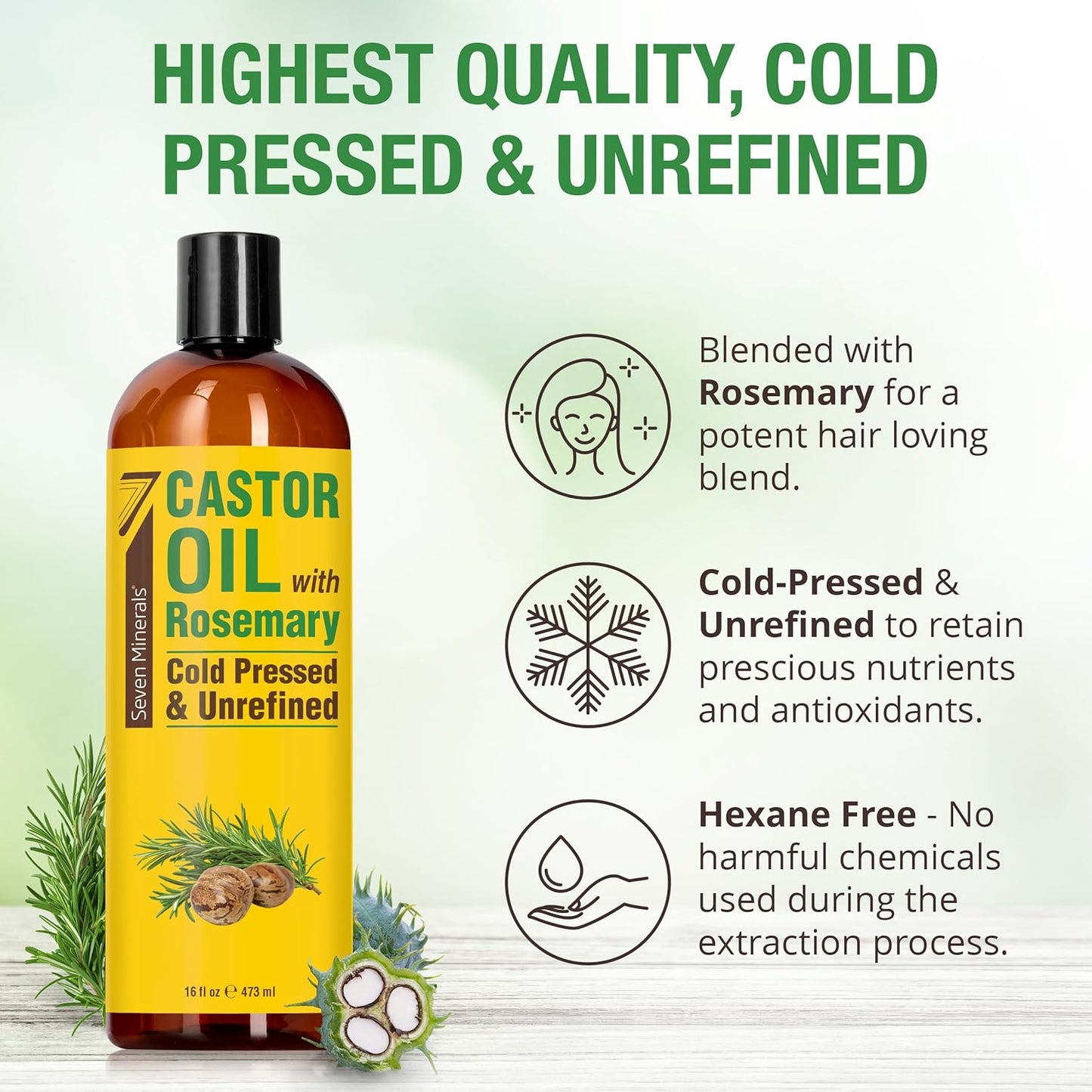 Seven Minerals Cold Pressed Castor Oil with Rosemary - 16 fl oz Bottle - Unrefined & Hexane Free - Hair Growth, Thicker Eyelashes & Eyebrows, Dry Skin Care, Joint and Muscle Pain (Pack of 1)