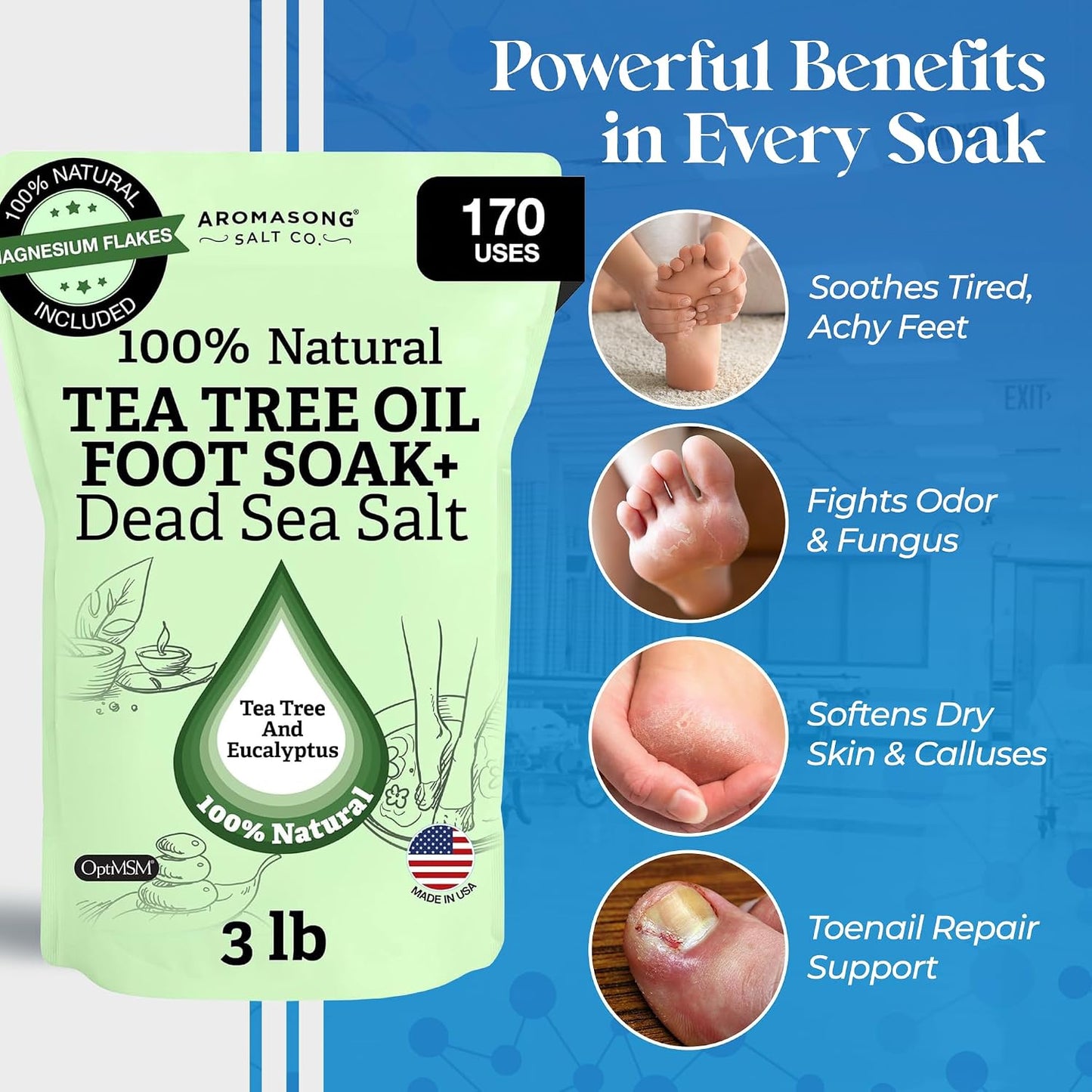 Aromasong Tea Tree Foot Soak with Magnesium Flakes and Dead Sea Foot Soaking Salts - Pedicure Tea Tree Oil Foot Soak for Dry Cracked Feet-Athlete's Callus Remover- Eliminates Odor- Packaging May Vary