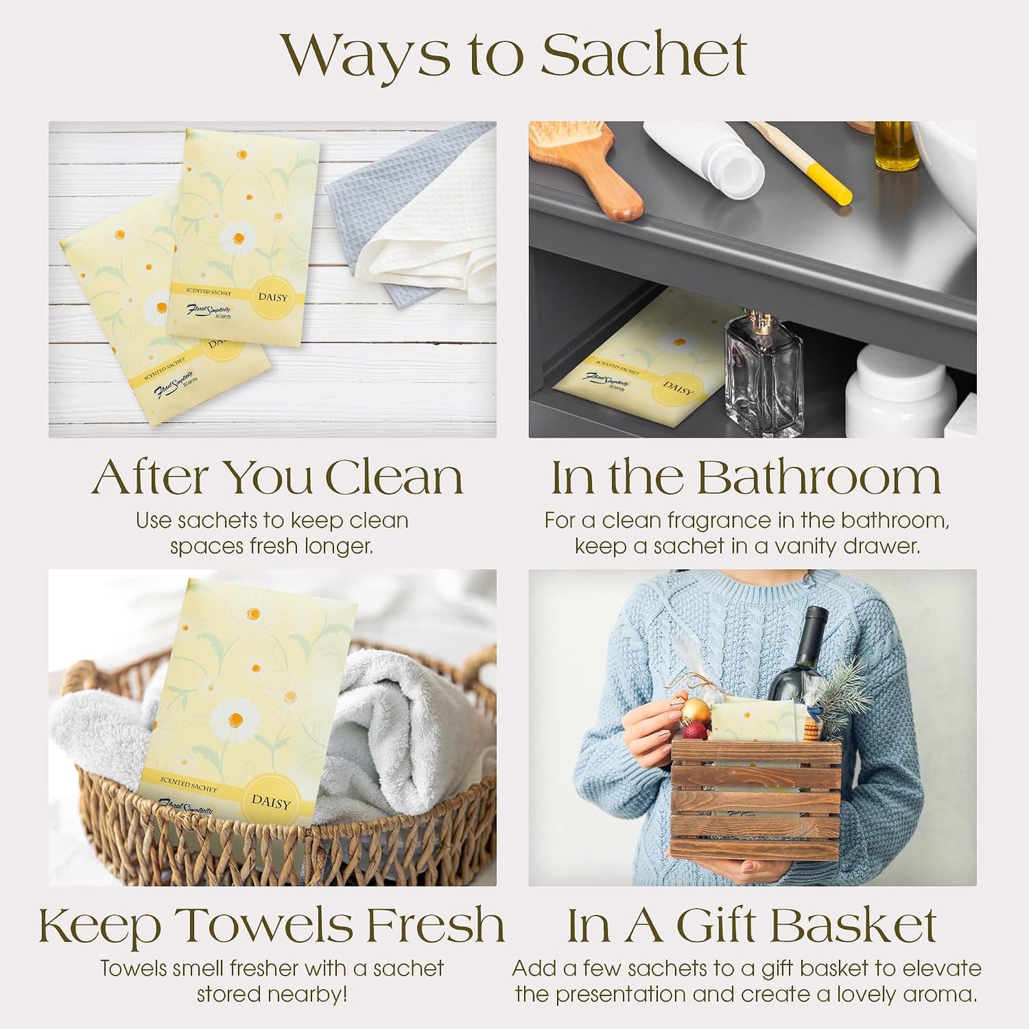 Daisy Scented Sachets Pack of 6, Spring and Summer - Long-Lasting Scented Bags, Home Fragrance, Air Freshener & Deodorizer for Closet, Room, Drawer, or Cars, Made in USA