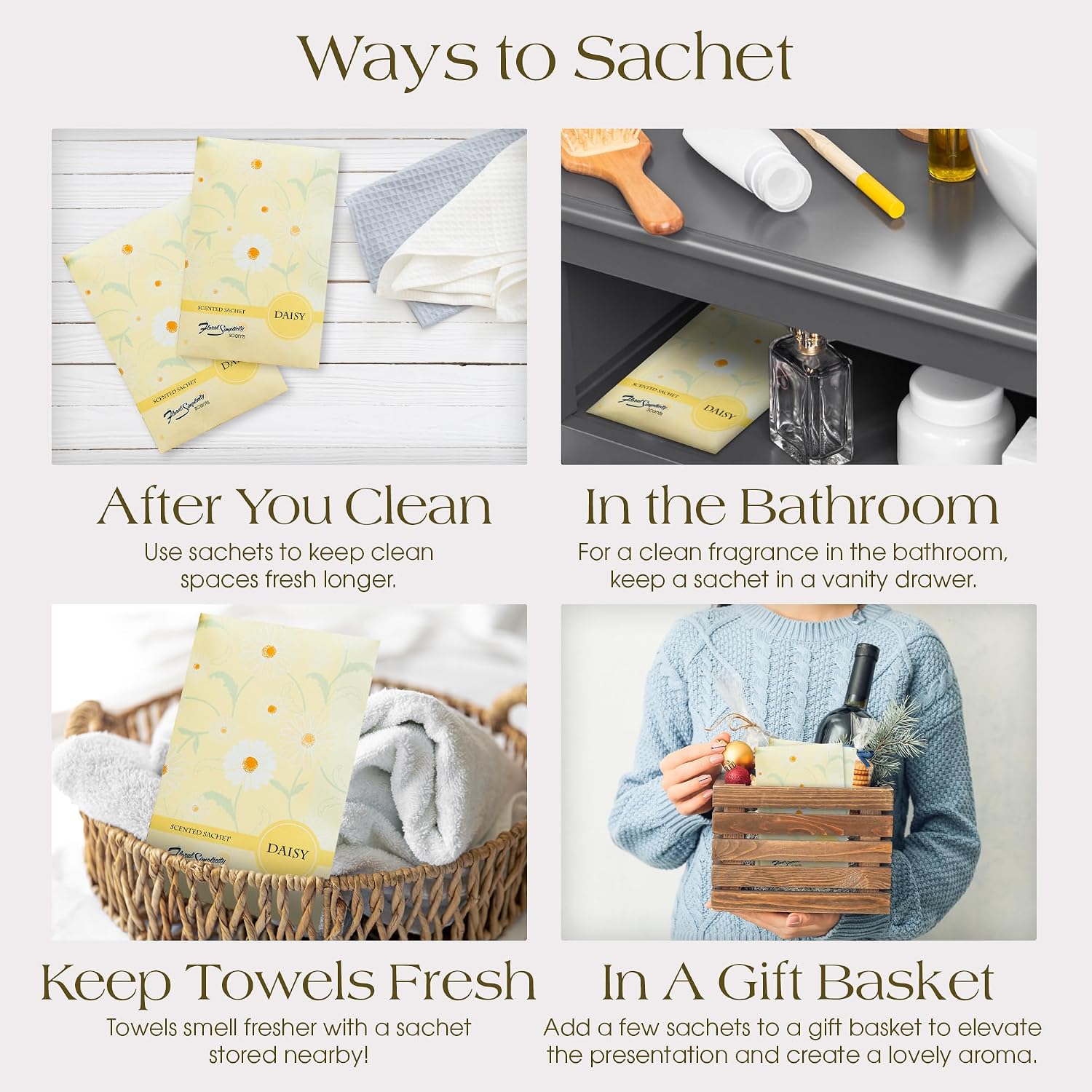 Daisy Scented Sachets Pack of 6, Spring and Summer - Long-Lasting Scented Bags, Home Fragrance, Air Freshener & Deodorizer for Closet, Room, Drawer, or Cars, Made in USA