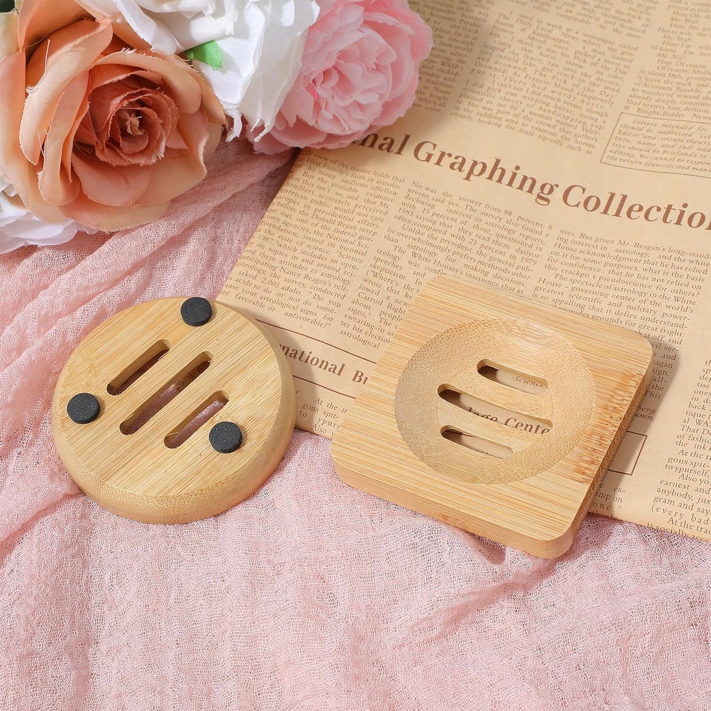 Ymapinc 2-Pack Bamboo Soap Holder, Round+Square Natural Bamboo Soap Dish & Shower Steamer Holder, Wood Tray for Home Shower Bathroom
