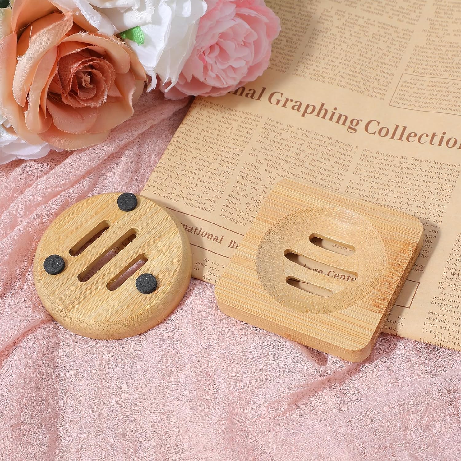 Ymapinc 2-Pack Bamboo Soap Holder, Round+Square Natural Bamboo Soap Dish & Shower Steamer Holder, Wood Tray for Home Shower Bathroom