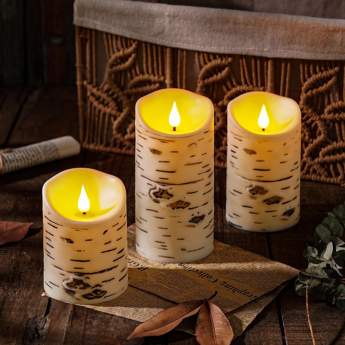 QQFCTOO Birch Bark Flameless Candles, Flickering Battery Operated LED Candles, Electric Plastic Pillar Candles with Remote & Timer, Rustic Farmhouse Home Decor, Wedding Centerpiece, Gift Set of 3