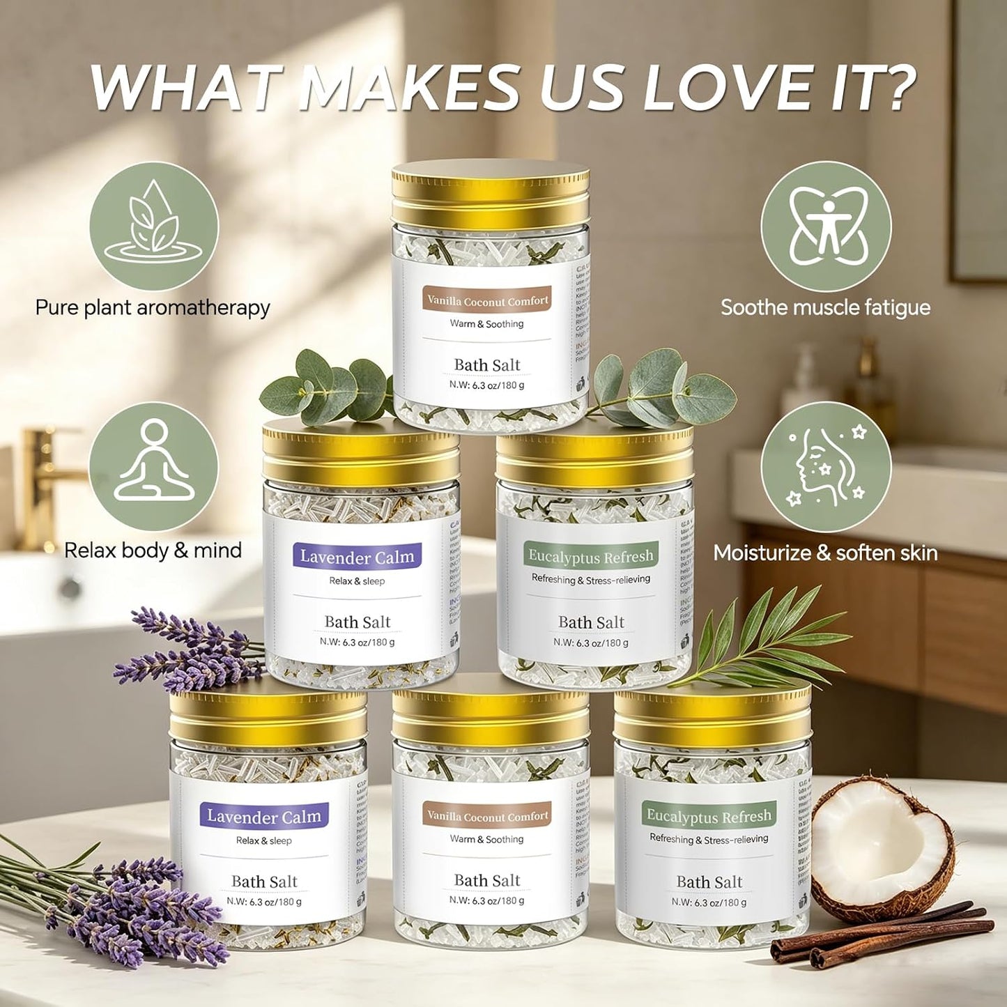 Epsom Bath Salt Gift Set for Women, 6 PCS (3 Scents 2 Each): Lavender, Eucalyptus & Vanilla Coconut, Relaxing Self Care Spa Gifts for Mom, Her, Birthday, Stress Relief & Get Well Soon