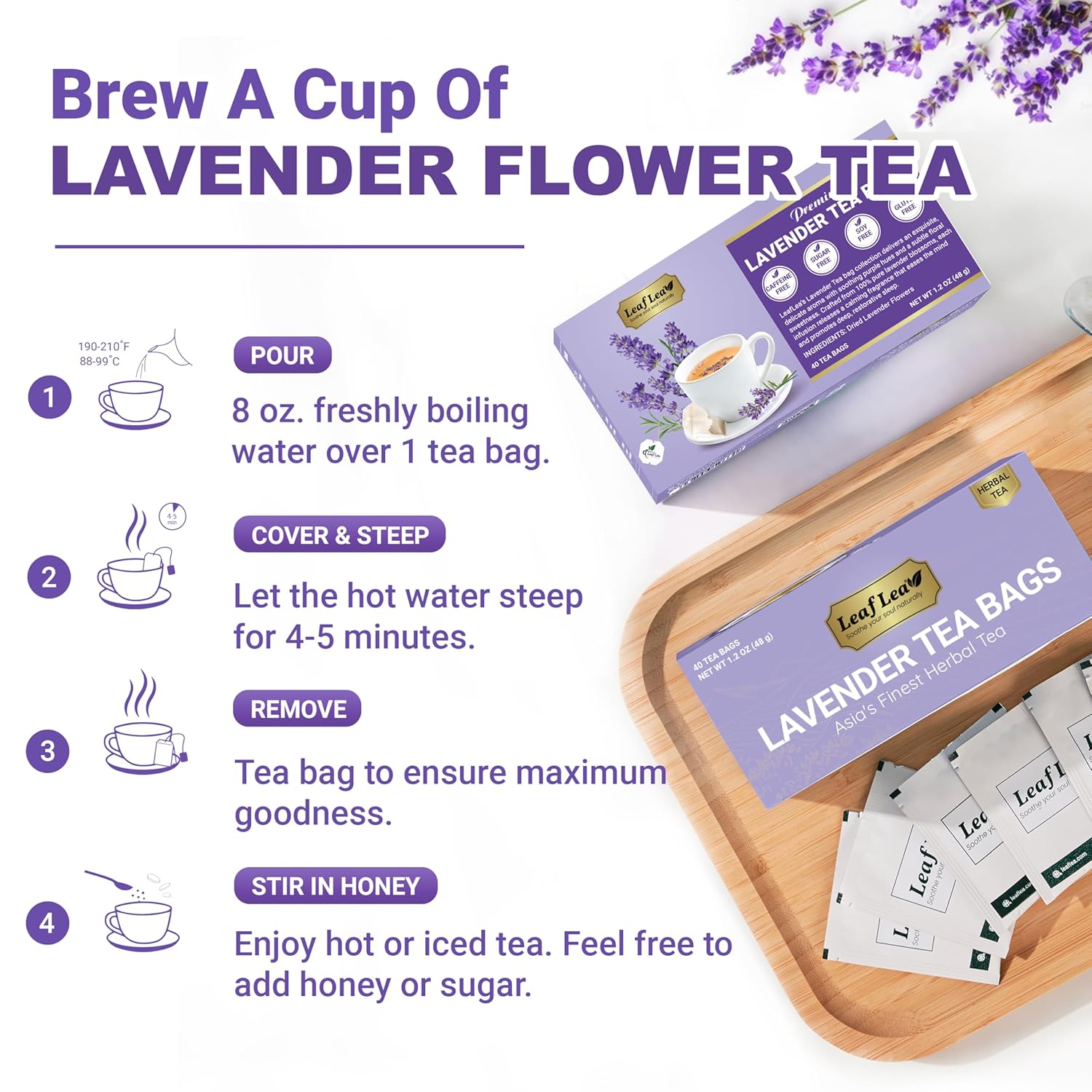 LeafLea Lavender Tea Bags, Pure Lavender Flower Herbal Tea, 40 Count | Just Real Lavender, Nothing Else, Soft Floral Aroma, Caffeine-Free, A Calming Cup Before Bed, Individually Foil-Wrapped