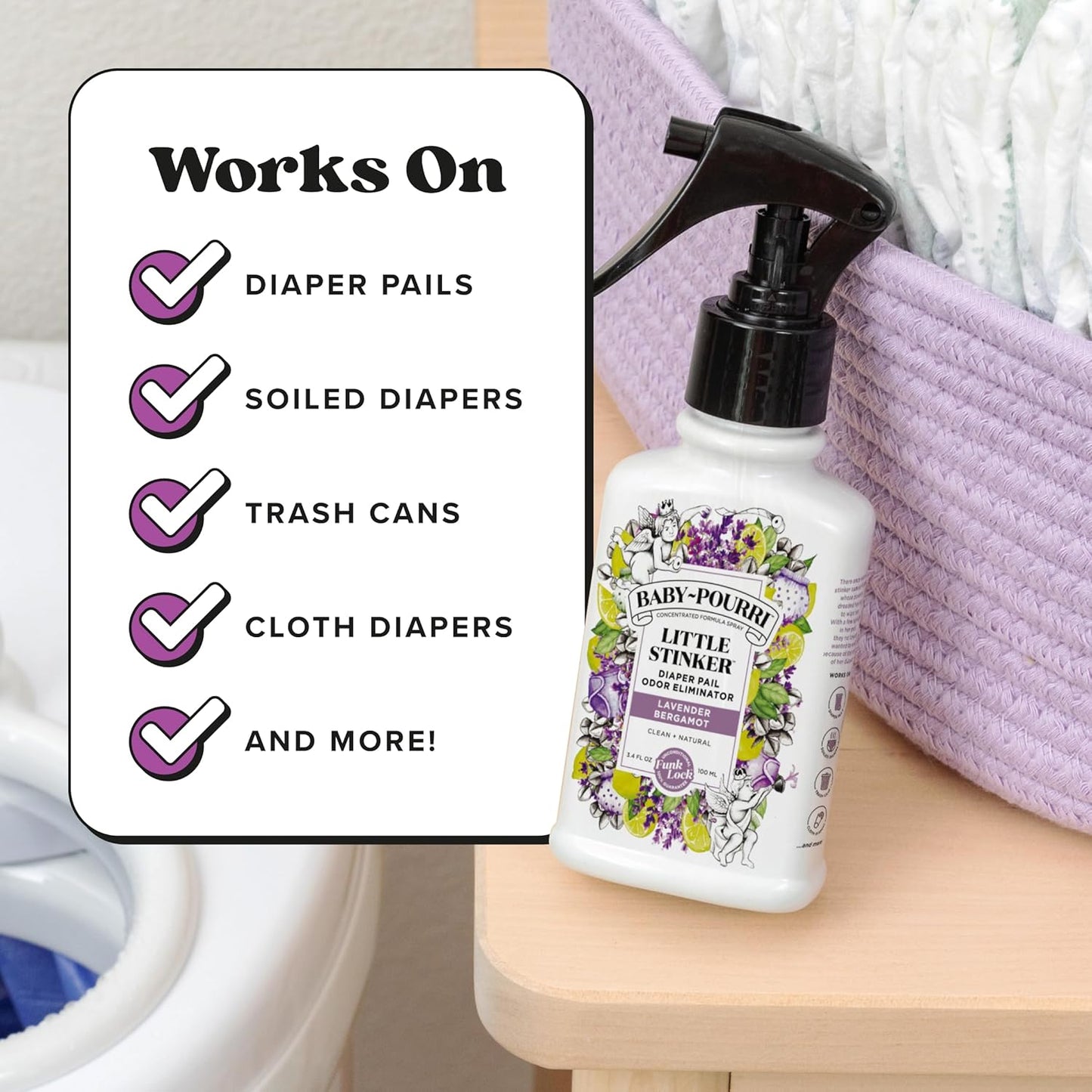 Baby-Pourri Little Stinker Diaper Pail Deodorizer Spray, 3.4 Fl Oz, Up to 150 Uses, Odor Freshener with Essential Oils, Nursery Essentials, Lavender, Bergamot, Eucalyptus & Vanilla Scent