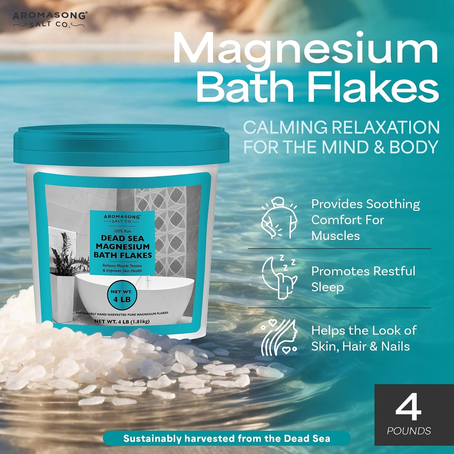 Aromasong Raw Dead Sea Magnesium Flakes for Bath - 4 LB Bulk Bath Salt in Reusable Bucket