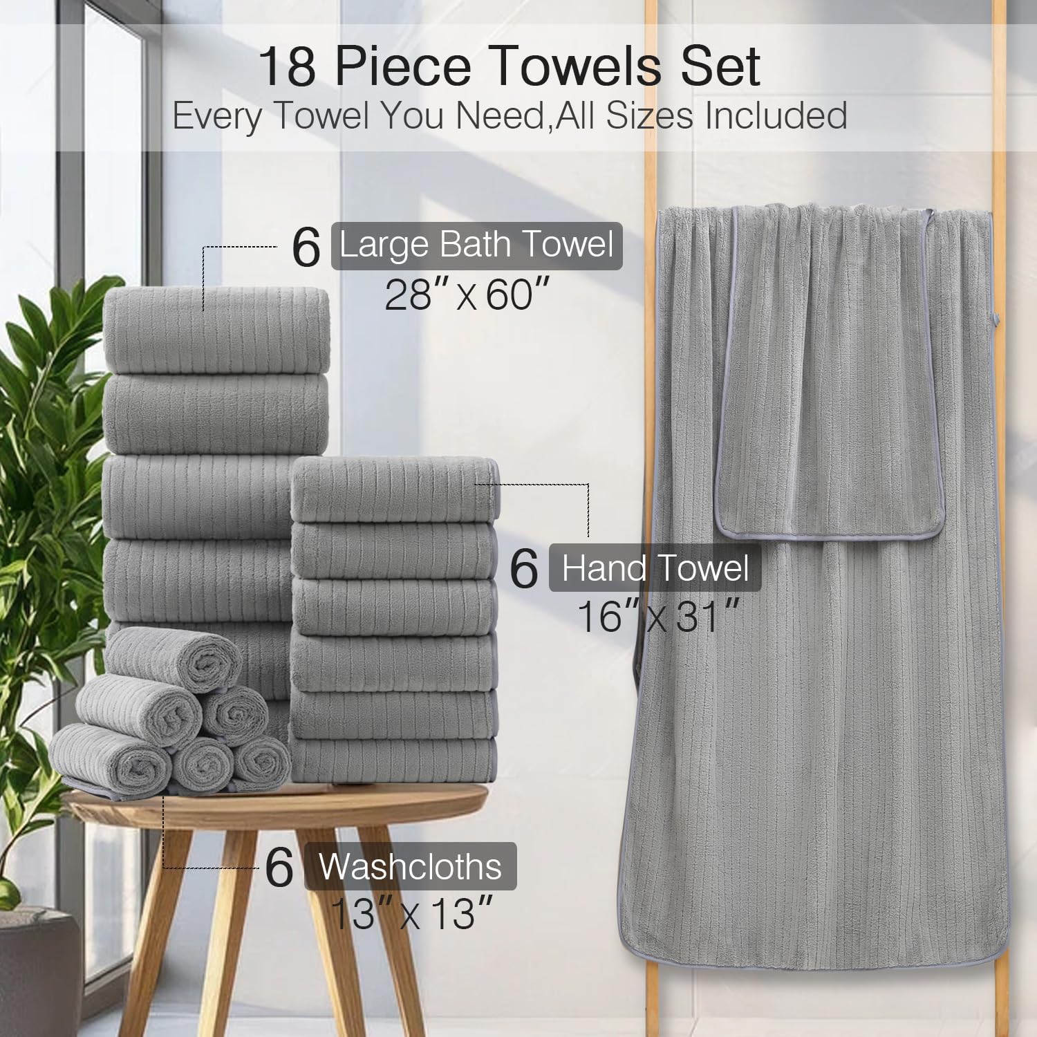 Hailea 18 Piece Family Bath Towel Set Include 6 Bath Towels,6 Hand Towels and 6 Washcloths Soft Bathroom Towel with Hanging Loops,Highly Absorbent Quick Dry Towels Set for Bathroom,Hotel and Spa-Grey