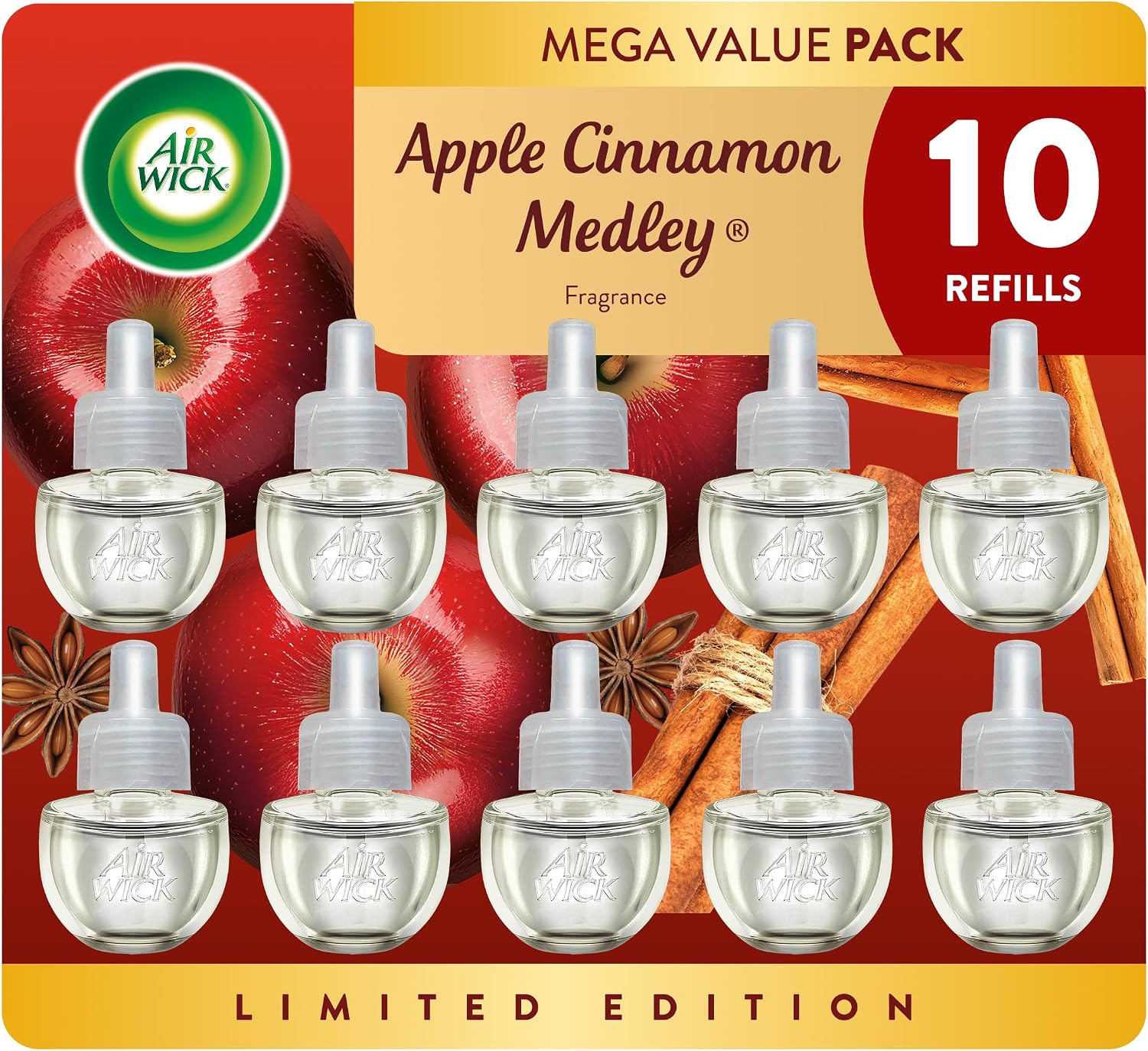 Air Wick Plug-In Scented Oil Refills, 10 Count, Apple Cinnamon Medley (Fall), Air Freshener, Essential Oils, Eco Friendly