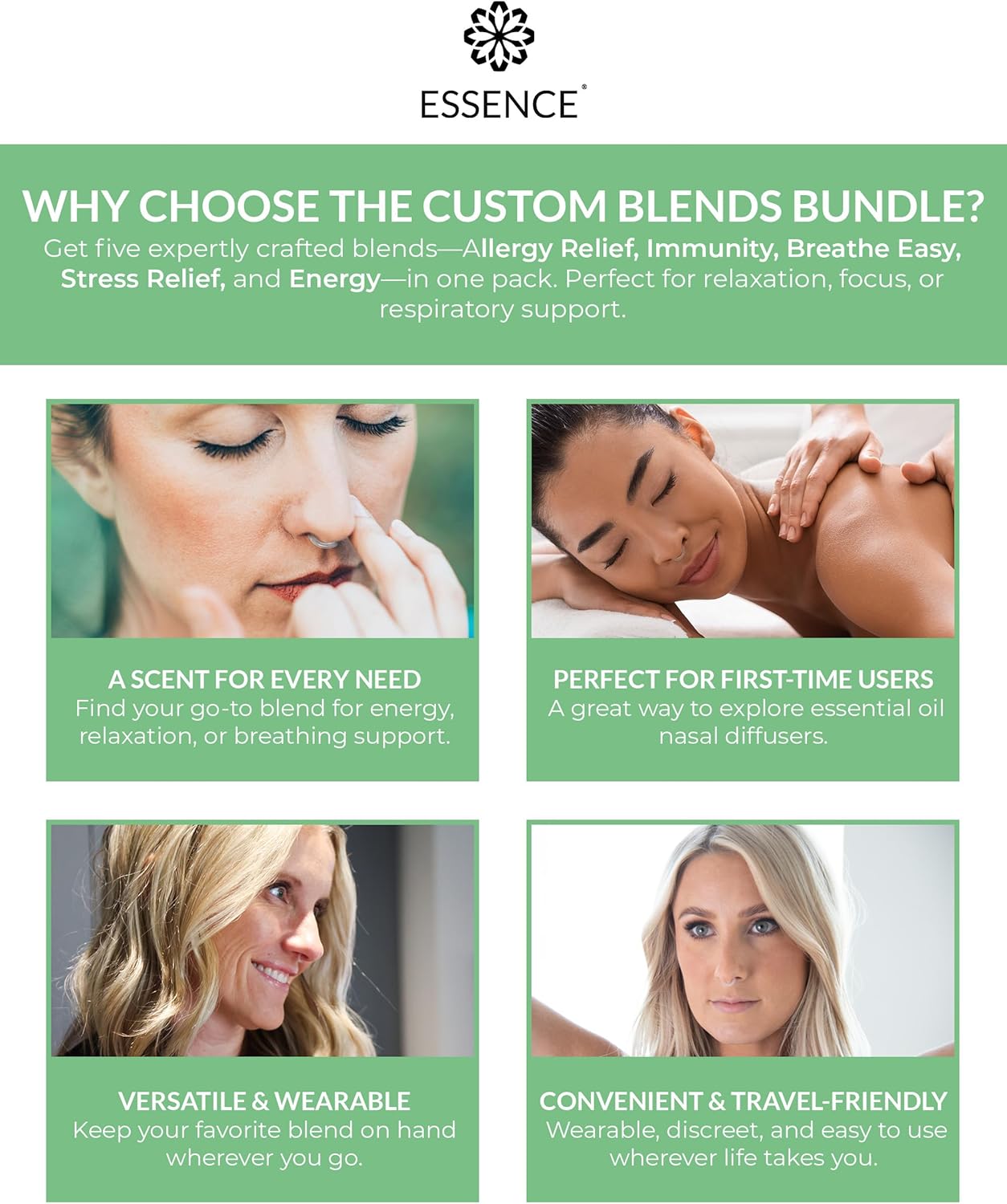 HONÉ Essence Nasal Diffuser Custom Blends Bundle – Essential Oil Silicone Nose Rings for Energy, Immunity, Stress & Allergy Relief – Wearable Aromatherapy for Daily Wellness & Relaxation