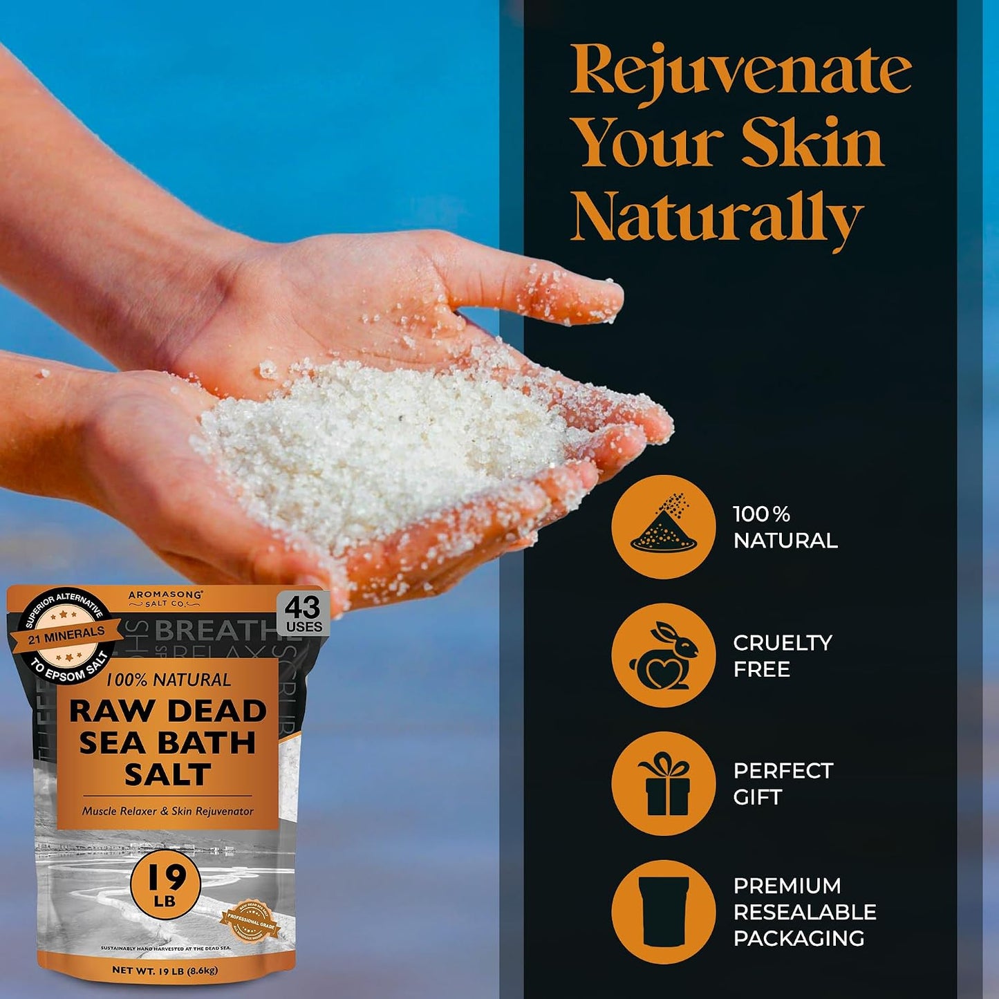 Aromasong Raw Dead Sea Bath Salt - Minimally Cleaned, Contains More Dead Sea Minerals Including Dead Sea Mud - 100% Pure & Natural Dead Sea Salts for Soaking 19 LB - Bulk Resealable Pack