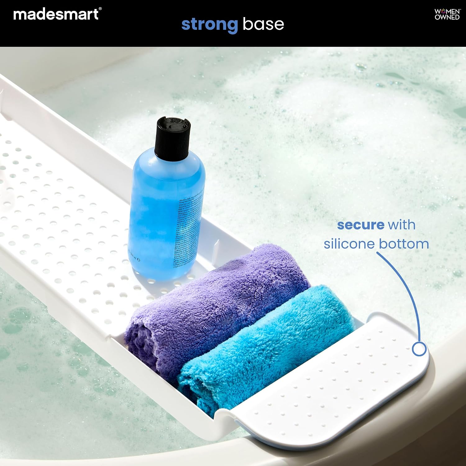 madesmart Expandable Bath Shelf, Adjustable Bathtub Tray for Bath-Night, Holds Glasses, Soaps, Toys & Bath Essentials, Non-Slip Grip, Fits Most Tubs, White
