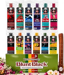Blunt Black Hand-Dipped Incense Sticks | Premium 12 Assorted Packs - 144 Sticks, 11" Long | Aromatherapy with Long Burn Time | Free Wooden Stick Holder (Scents May Vary)