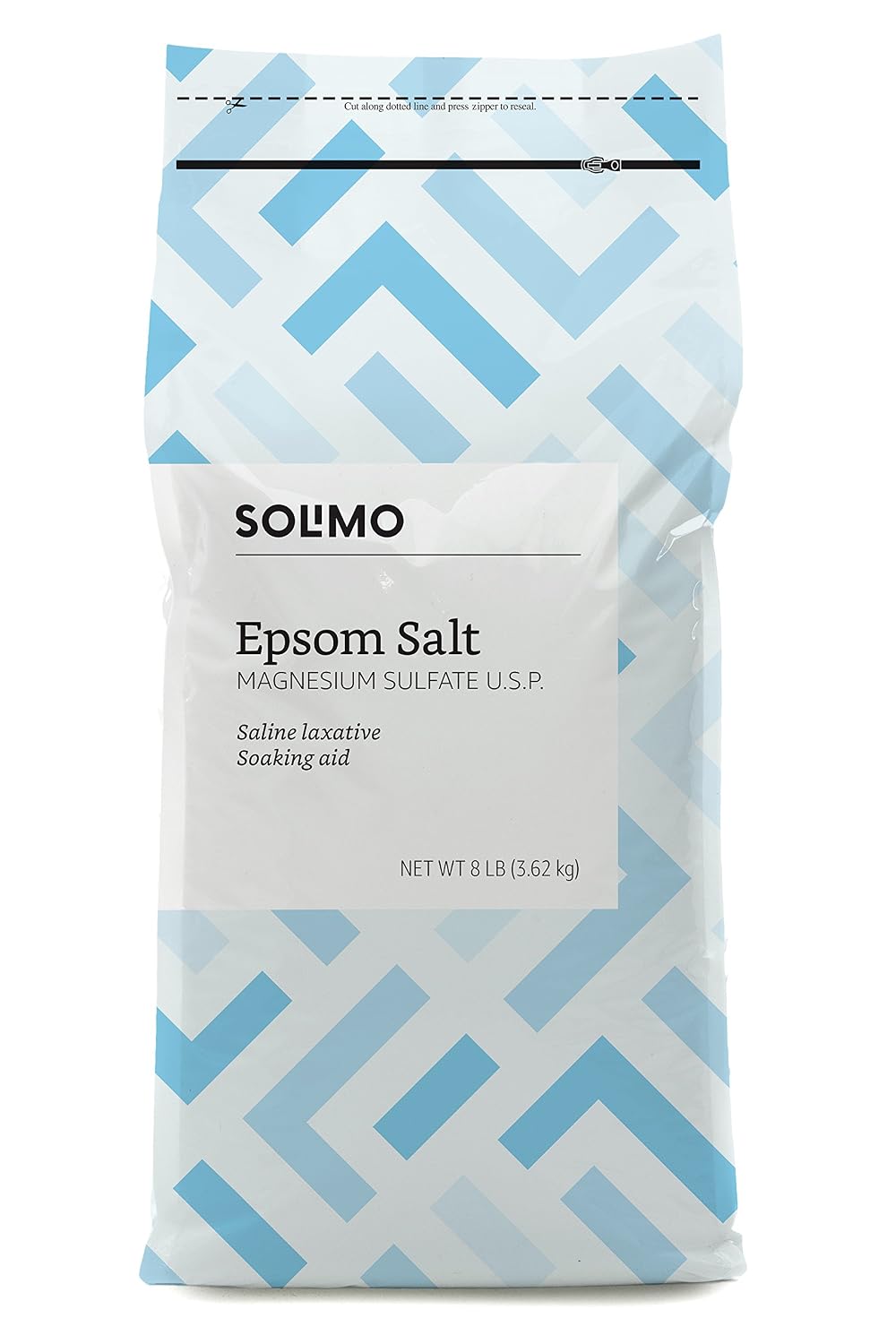 Amazon Brand - Solimo Epsom Salt Soak, Magnesium Sulfate USP, Relaxing Bath Soaking Aid, Unscented, 8 Pound, Pack of 3, Resealable Bags