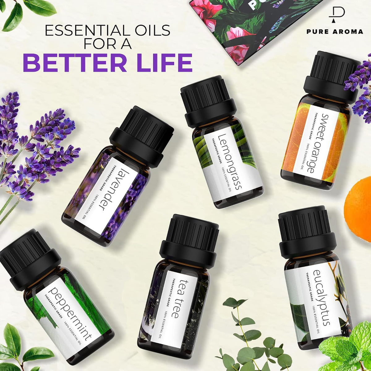 Pure Aroma Essential Oils Aromatherapy Set - 6 x 10ML Oils for Diffusers