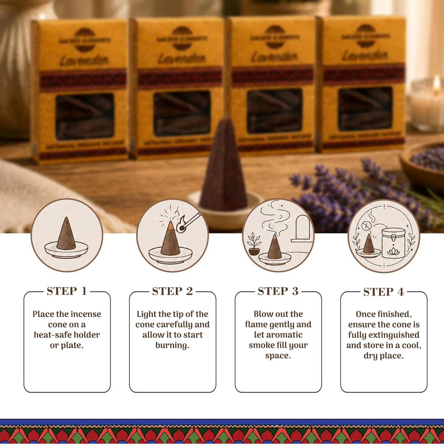 Sacred Elements Organic Incense Cones – Lavender Scent (Pack of 4) | Natural Aromatherapy for Relaxation & Sleep | Handcrafted, Low Smoke, Long-Lasting Fragrance for Bedroom & Home