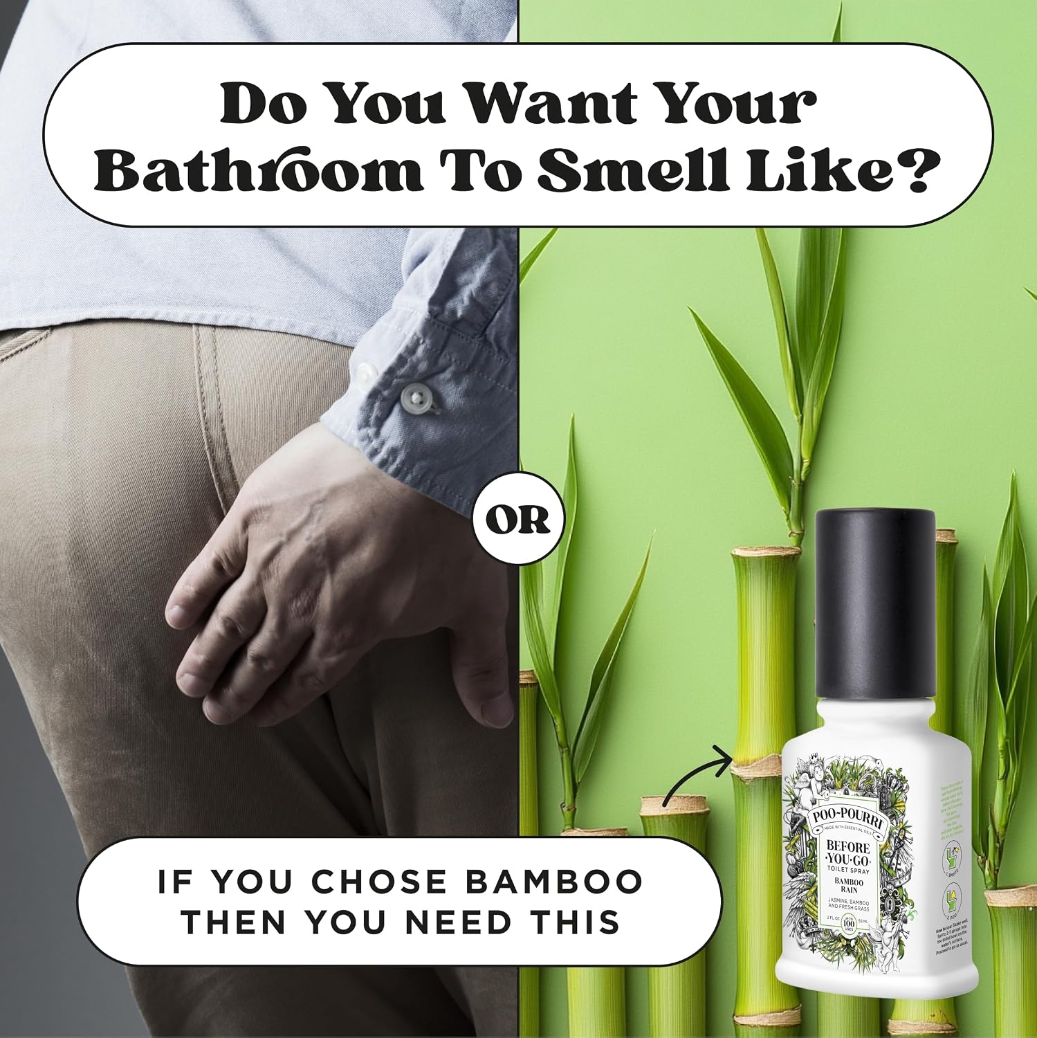Poo-Pourri Before-You-Go Toilet Spray, Bamboo Rain, 2 Fl Oz, Up to 100 Uses, Bathroom Odor Deodorizer with Essential Oils for Home or Work, Travel Essentials, TSA Approved Size, Bamboo & Fresh Grass