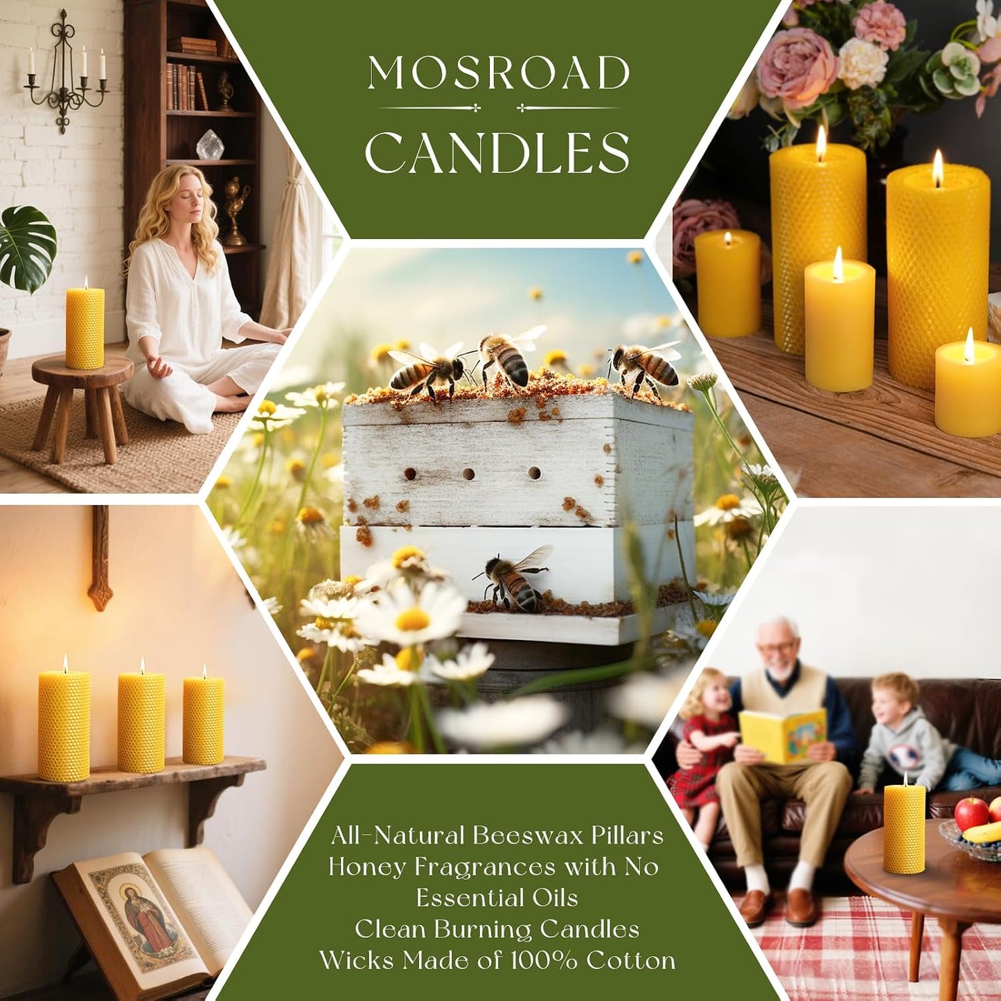 Beeswax Candles 3x6 Inch, 4 Pack Beeswax Pillar Candles for Home, 45 Hours Burn Time Natural Pure Bees Wax Candle for Air Purify, Gift Sending Meditation