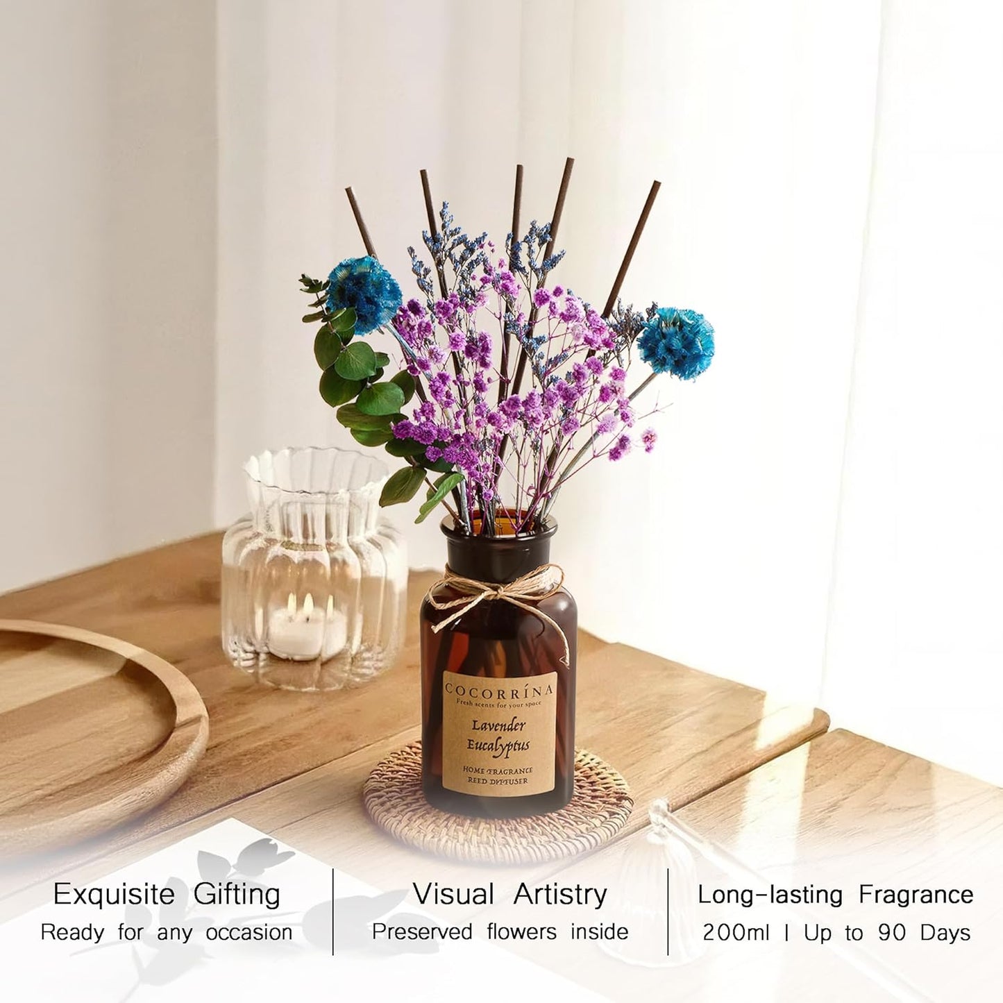 Cocorrína Reed Diffuser Set, 6.7oz Flower Reed Diffuser with Real Preserved Flowers - Lavender & Eucalyptus Scented Oil & Sticks - Long Lasting Home Fragrance for Bedroom Bathroom Shelf Decor
