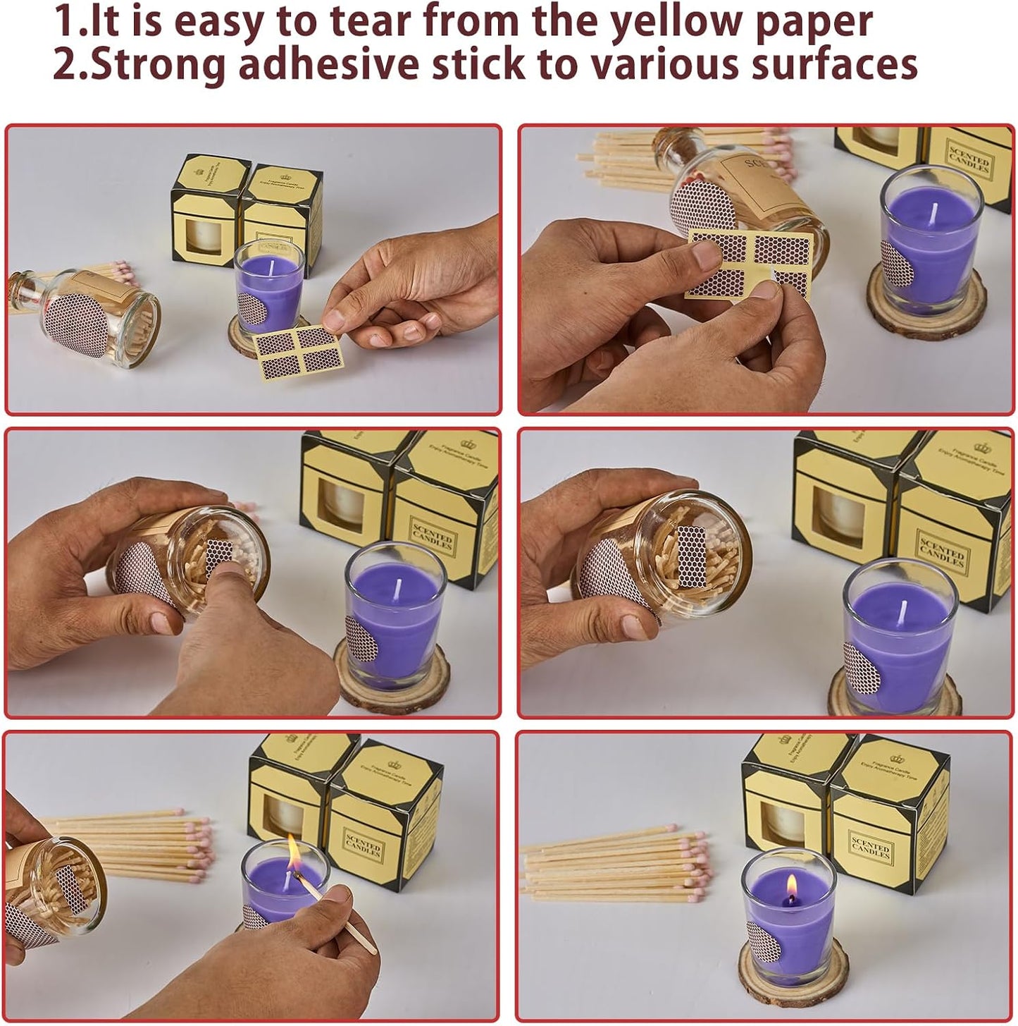 60 Pcs Match Striker Paper with Adhesive, 3 Sizes of Matches Sticker Striker for Match Holder, Matches for Candles, Matches Box Bulk, Matches in A Jar with Striker, Decorative Match Cloche