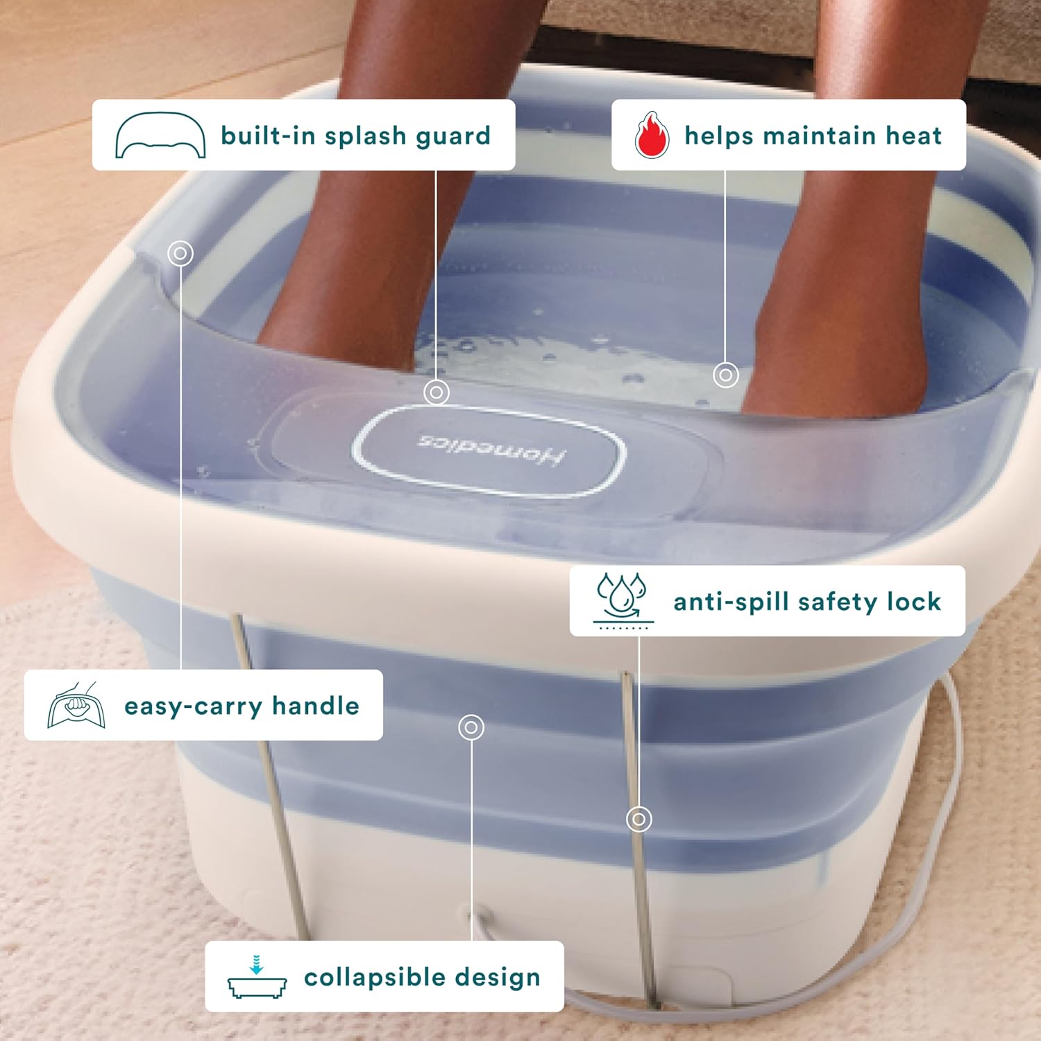 Homedics Collapsible Foot Spa with Heat, Bubbles & Vibration Massage, Foot Bath Safe for Bath Salts, Portable Pedicure Spa, Deep Soak Basin, Adjustable Temperature, Easy Storage