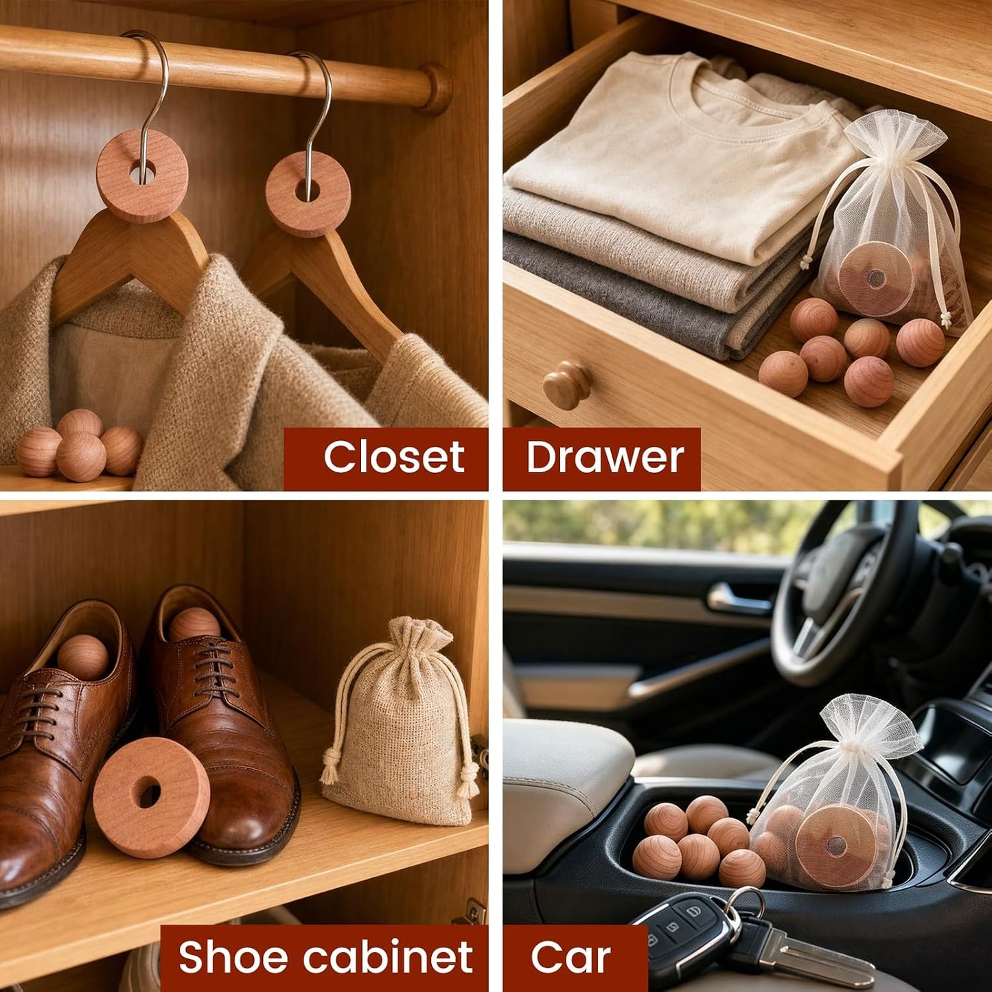 Cedar Blocks for Clothes Storage with Linen Bag, 100% Natural 50 Cedar Ball & 30 Ring for Closets & Drawers Fresh Scented Sachets