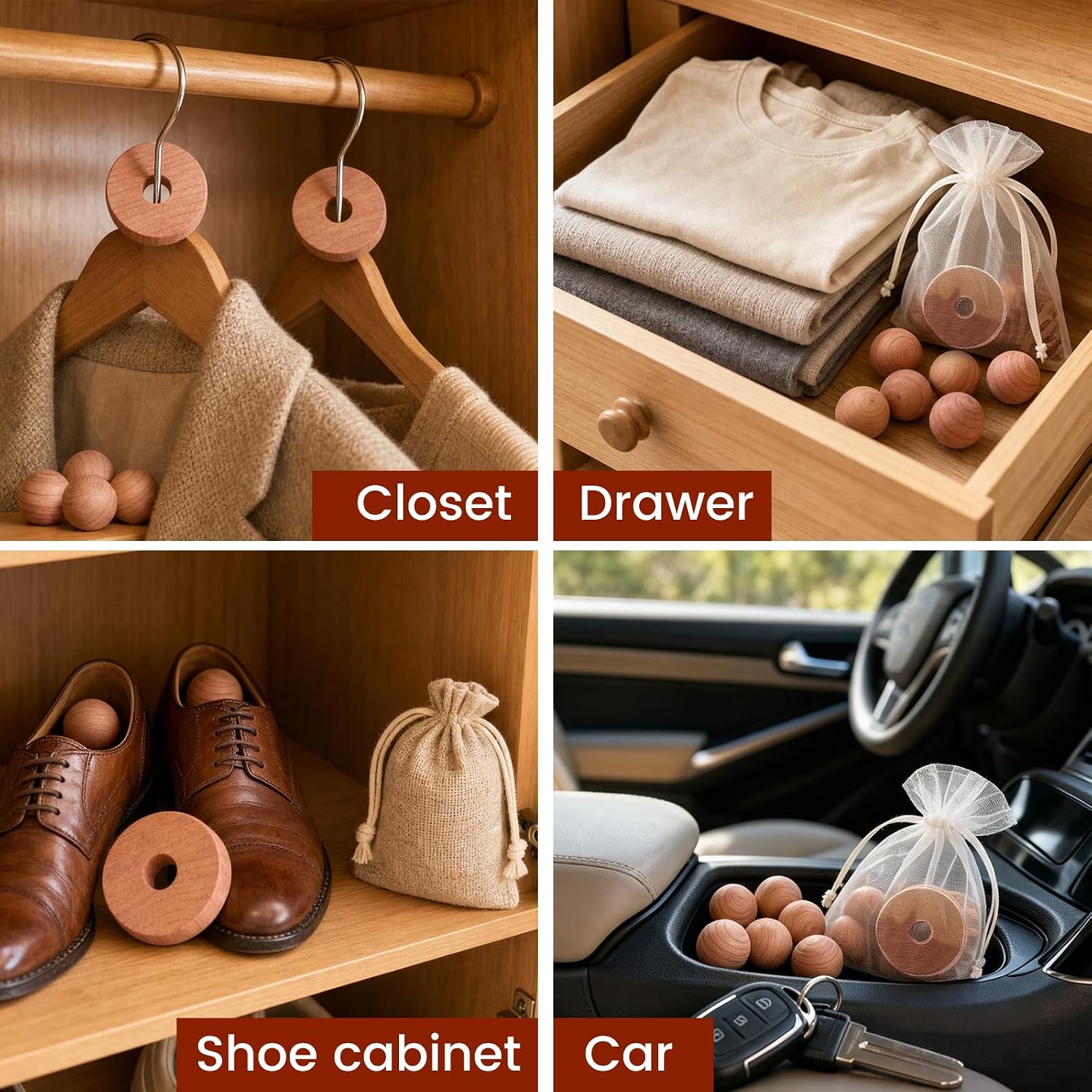 Cedar Blocks for Clothes Storage with Linen Bag, 100% Natural 50 Cedar Ball & 30 Ring for Closets & Drawers Fresh Scented Sachets