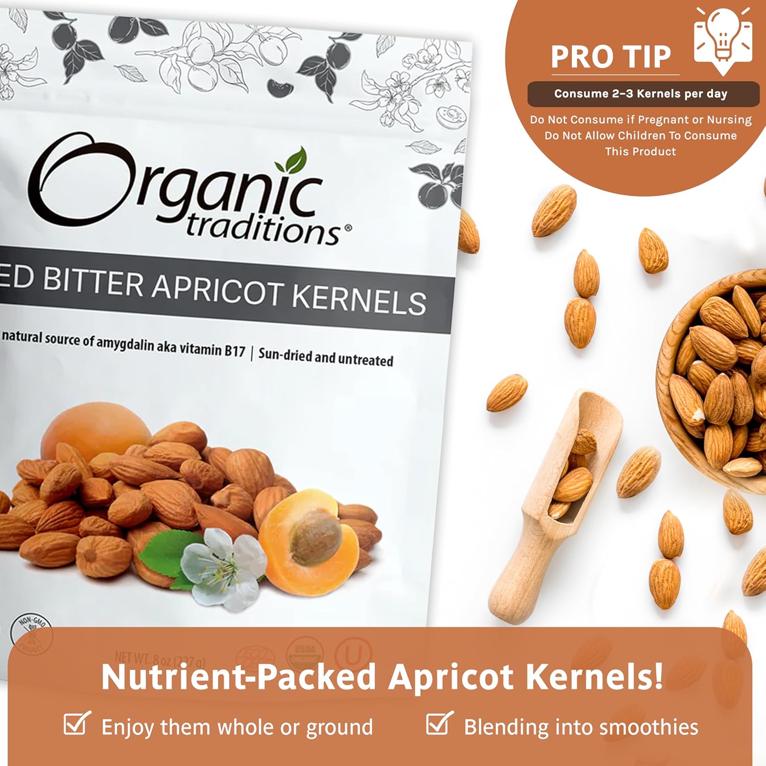 Organic Traditions Apricot Kernels, Organic Apricot Seeds, Sundried Sweet and Bitter Taste, Vegan, Source of Vitamin B17, Non GMO, Whole Foods Delivery, Plant Based for Snacking and Blending, 16 oz
