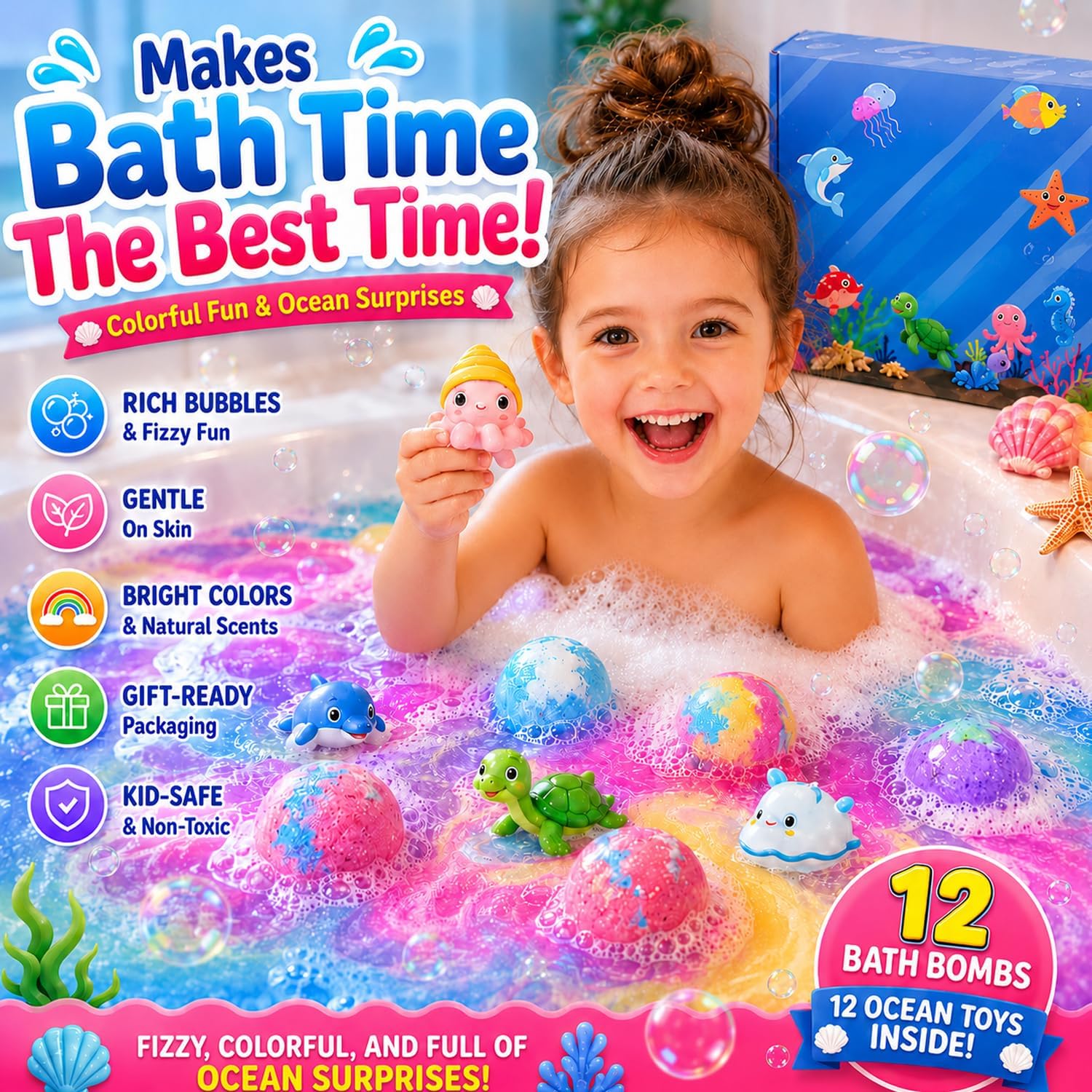 Bath Bombs Gift Set for Women, Colorful Bath Bombs with Surprise Inside, Ocean Theme Moisturizing Bath Fizzies, Relaxing Spa Self Care Gifts for Birthday, Christmas & Holidays (12 Pack)