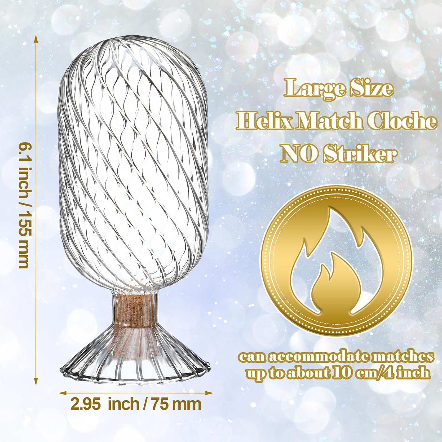 Cinnvoice Helix Shaped Glass Matches Cloche Decorative for 4 Inch Candle Matches Trendy Fireplace Display Decor, Not Include Matches(Clear,2.95 x 6.1 inches)