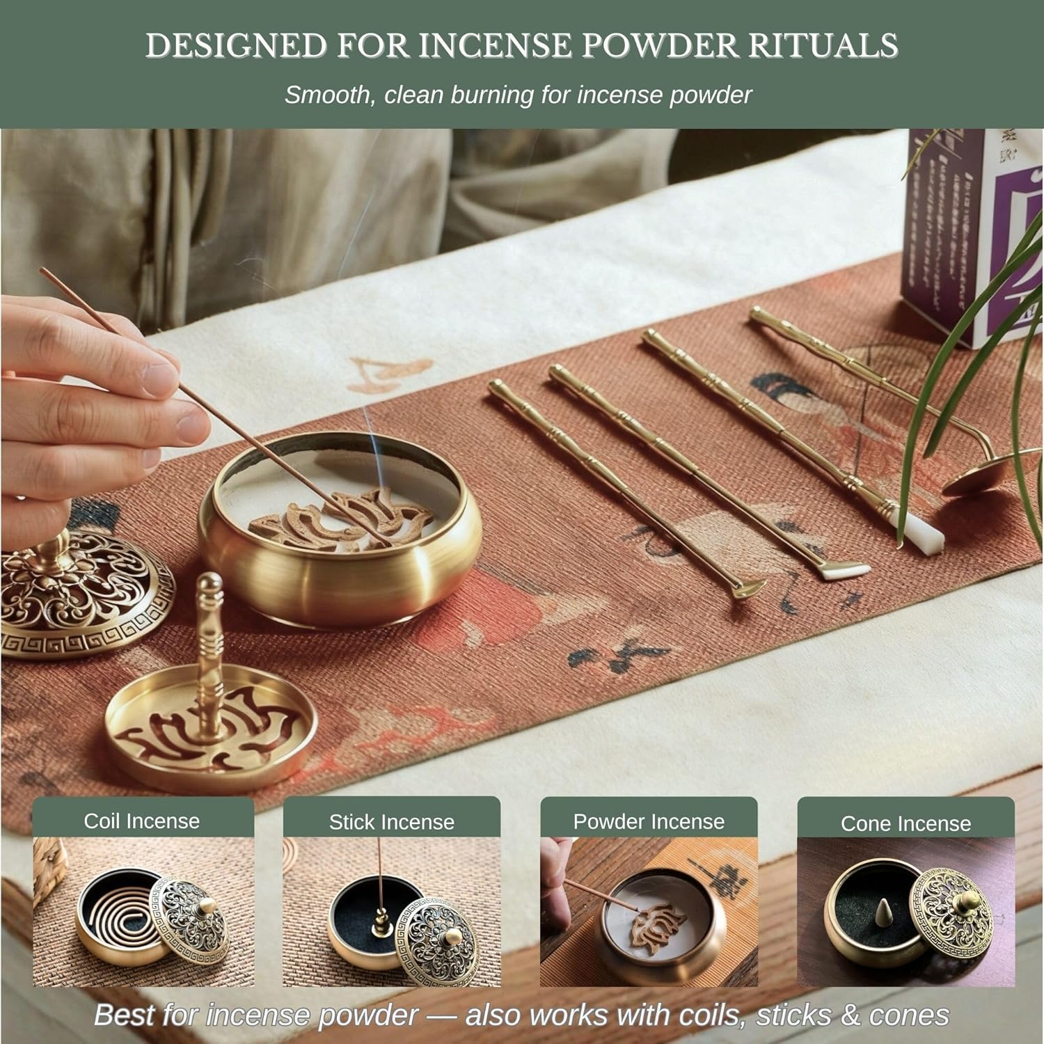 Powder Incense Burner Kit with Brass Censer, Incense Ash Tools and Mold Press Set, Complete Gift Box for Meditation, Yoga and Home Relaxation