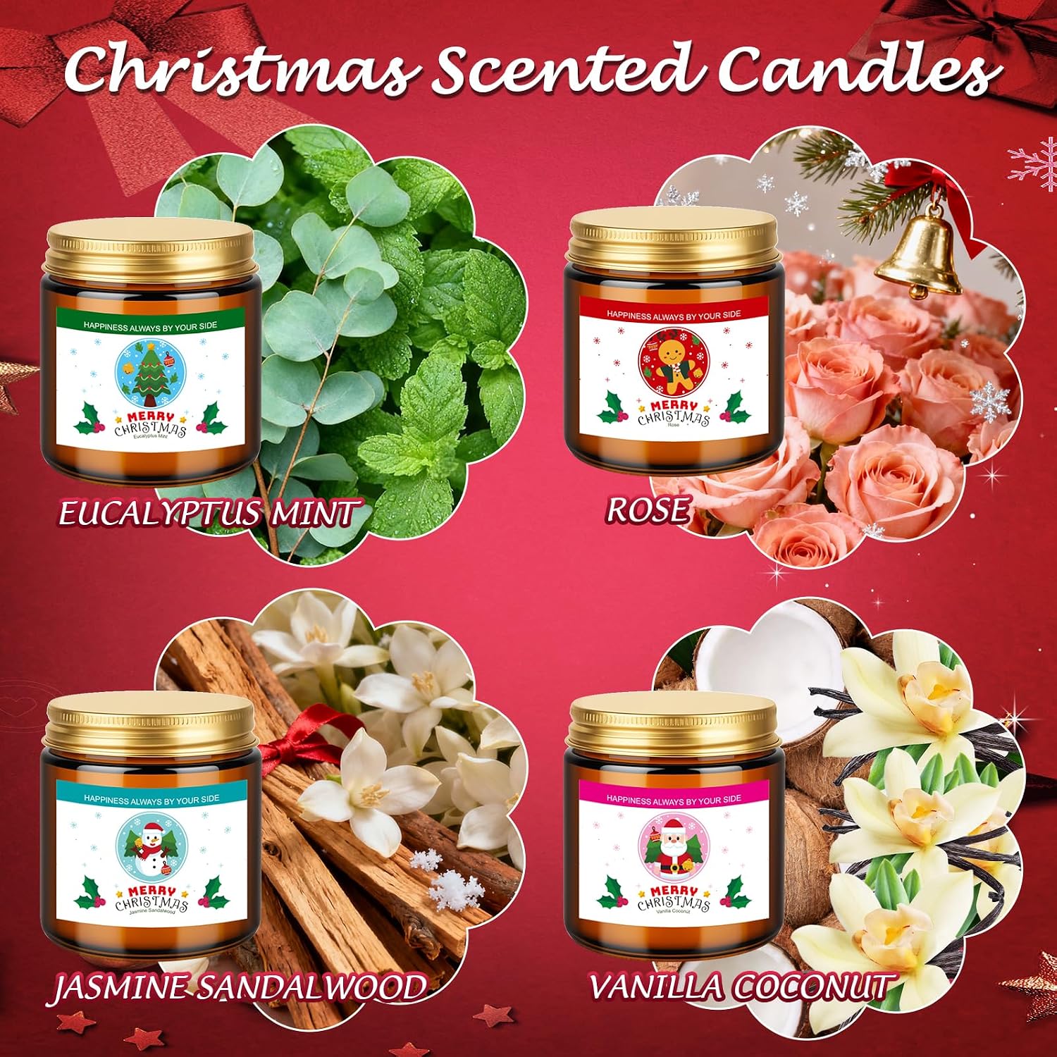 Christmas Candle Set,Scented Candles for Holiday,4 Pack Natural Soy Candles for Home Scented,Christmas Gifts for Women and Men,Scents of Christmas Tree/Cookies/Spices/Flower