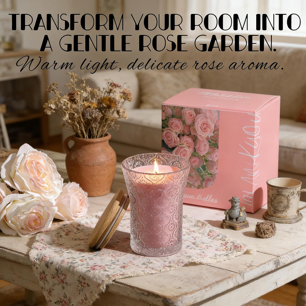 Rose Scented Candle, Pink Luxury Candles Jar Gift Women 40 Hours