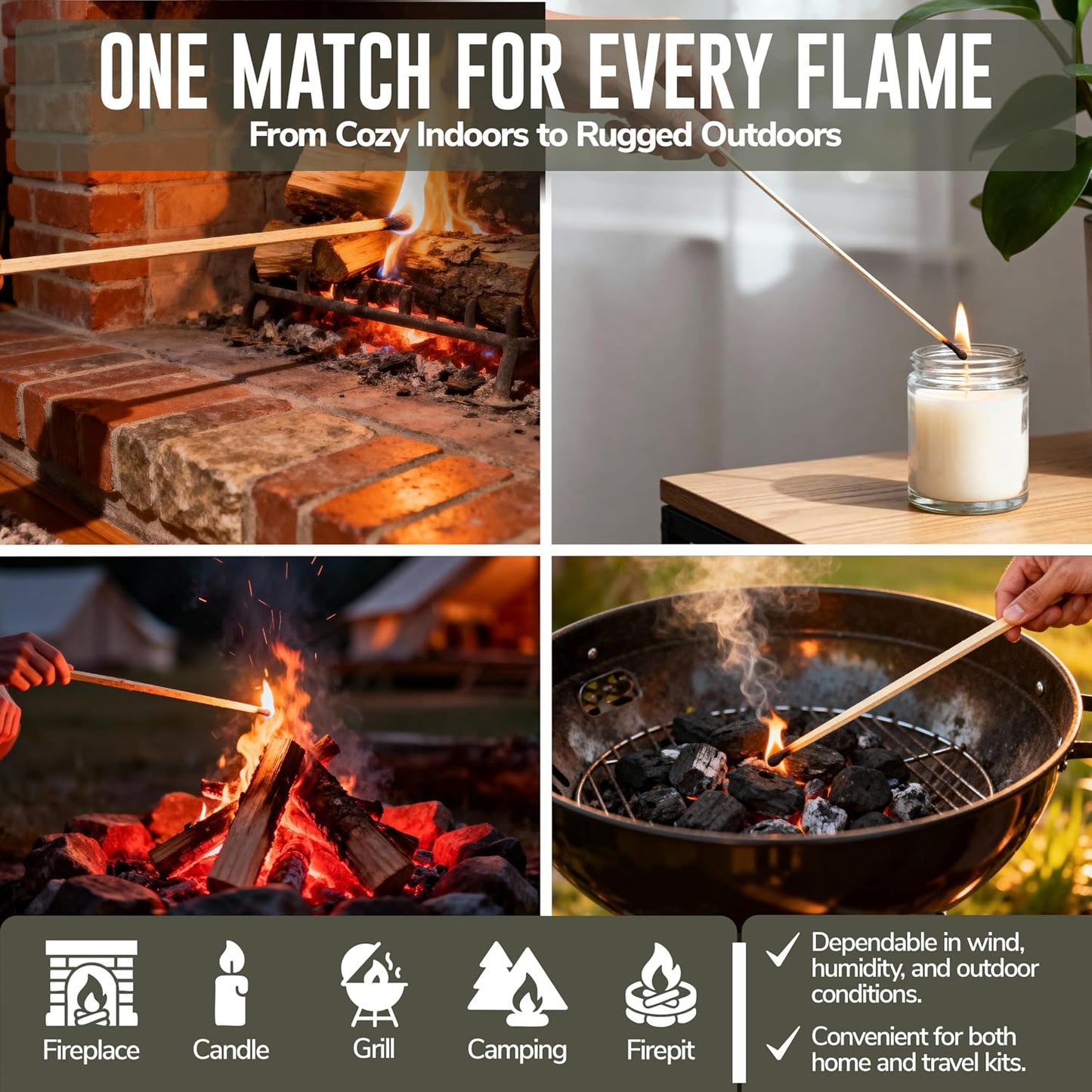11-Inch Extra Long Wooden Safety Matches (3 Pack) - Ideal for Lighting Fireplace, Candles, Grills & Camping Firepits - Strike on Box - Heavy Duty Long Matches for Fireplace - 150 Count