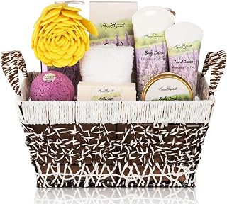 Aqua Elegante Bath Basket For Women - Deluxe Spa Set with Wash, Bubble Bath, Lotion, Salts, Body Scrub, Towel, Shower Puff, Bathbombs, Reusable Basket, Gifts for Mom, Wife, Her - Lavender & Tea Tree