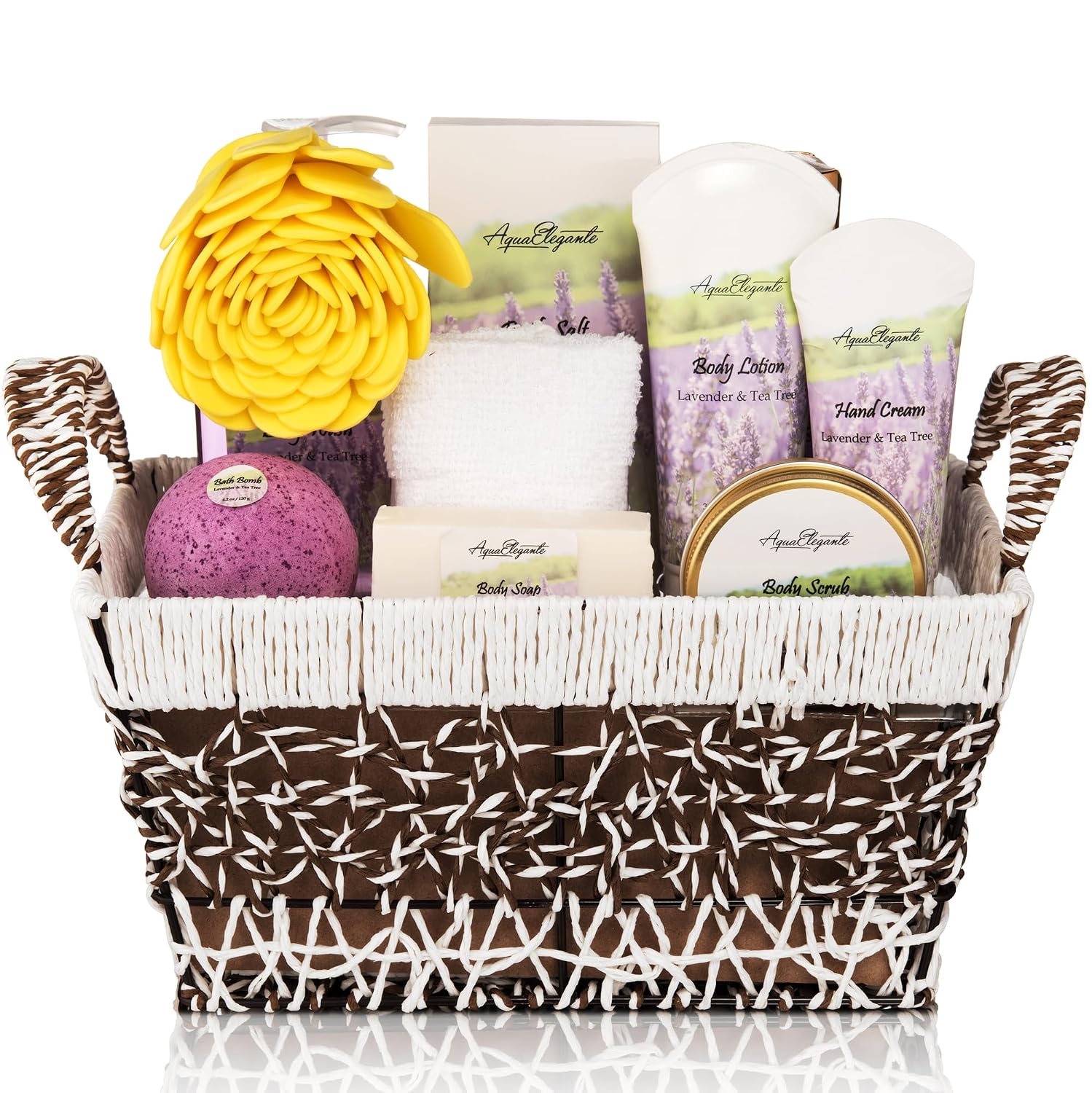 Aqua Elegante Bath Basket For Women - Deluxe Spa Set with Wash, Bubble Bath, Lotion, Salts, Body Scrub, Towel, Shower Puff, Bathbombs, Reusable Basket, Gifts for Mom, Wife, Her - Lavender & Tea Tree