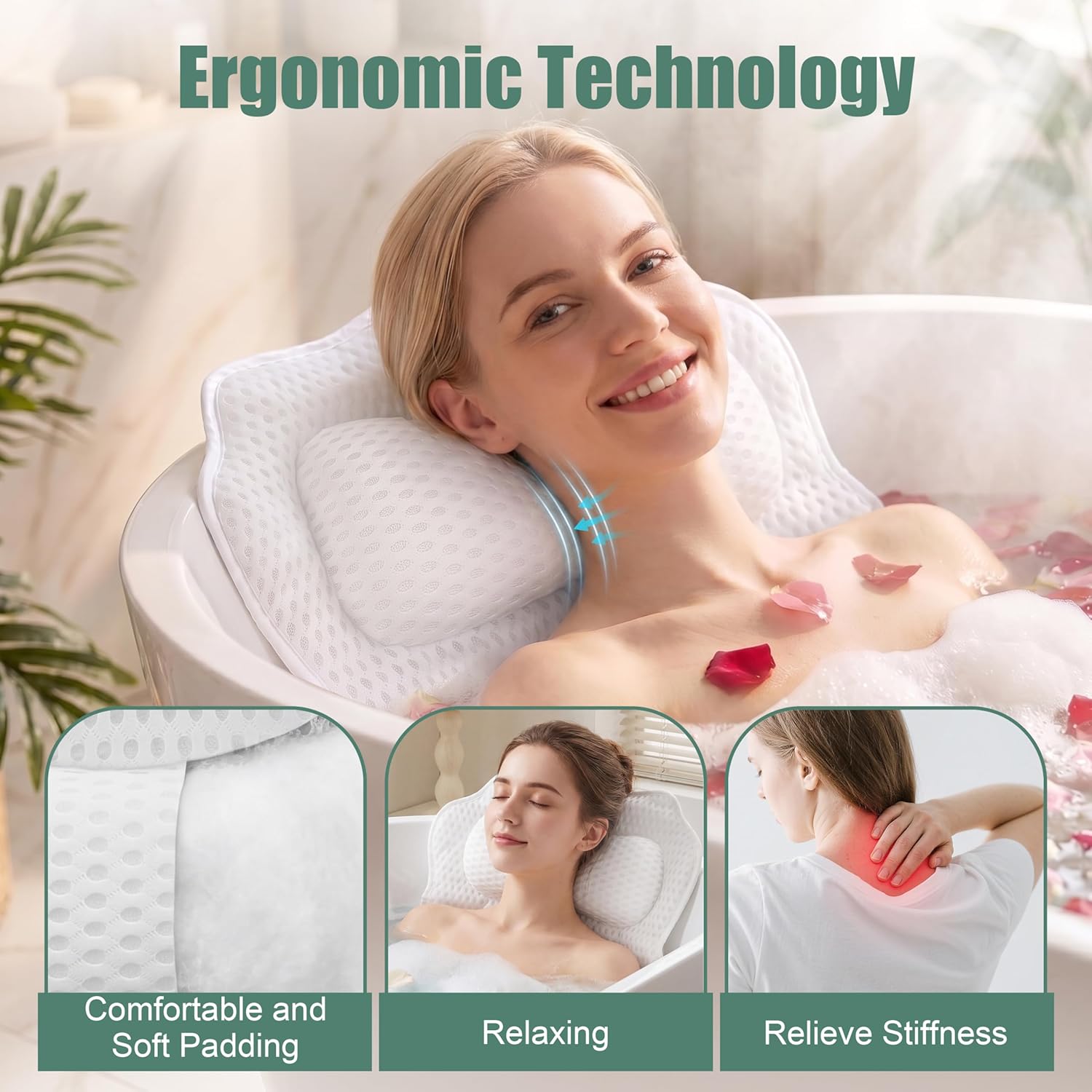Bath Pillow,Relaxing Body Bath Pillow for Tub - Comfort 4D Mesh Bathtub Cushion Support Neck,Back,Head - Non-Slip Suction Cups,Dries Quickly - Fit Women to Use Luxury Any Bathtub Pillows as Spa Gifts