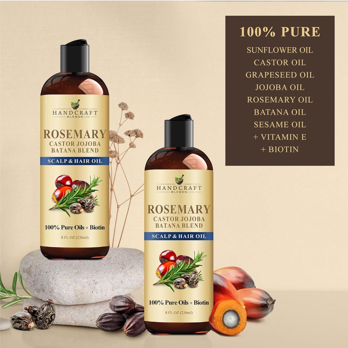 Handcraft Blends Rosemary Oil for Hair 8 Fl Oz | Nourishing Hair Oil | 100% Pure and Natural | Rosemary, Castor, Jojoba, and Batana Oils & Biotin | Carrier Oil