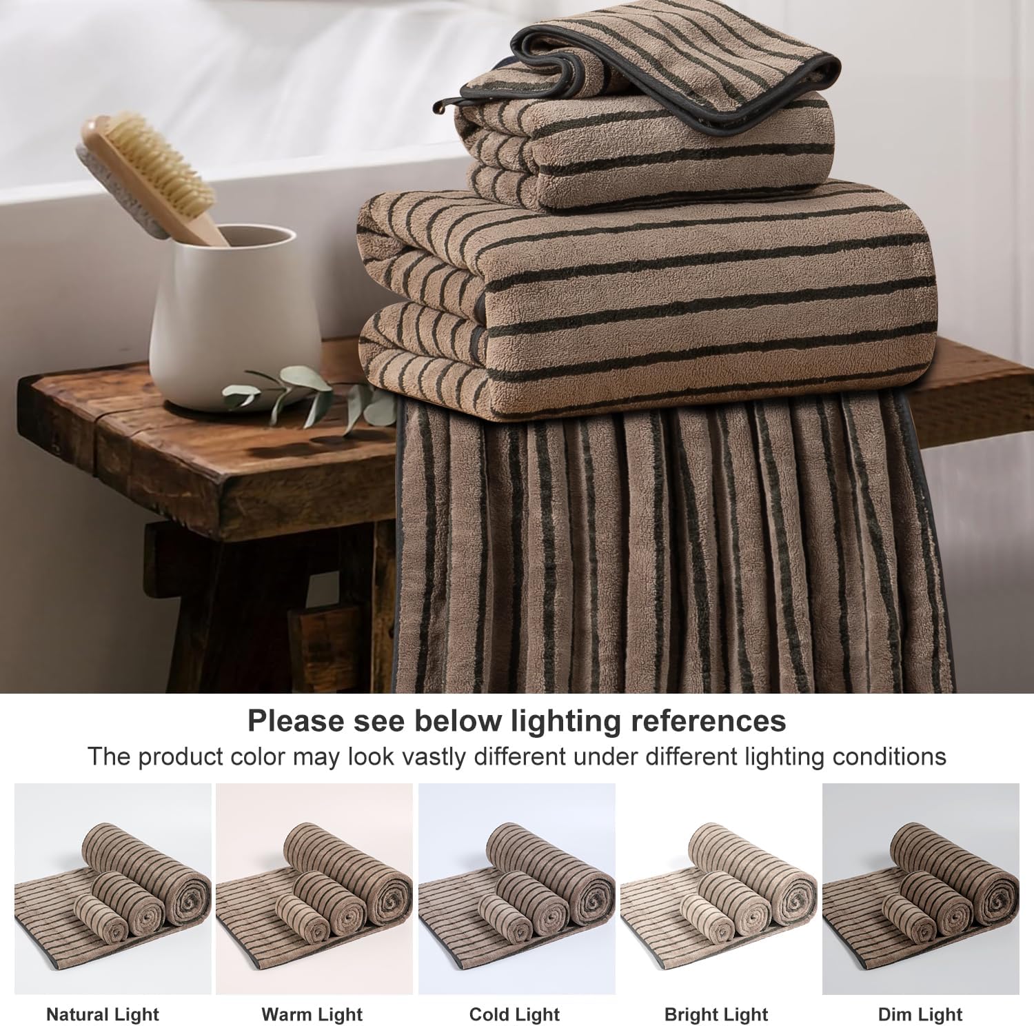 8 Pcs Polyester Brown Cabana Stripe Large Bath Towel Set-2 Bathroom Towels,2 Hand Towels,4 Washcloths Lightweight 600GMS Bath Sheet Absorbent Shower Towel Quick Dry Beach Chair Spa Gym Hotel Towels