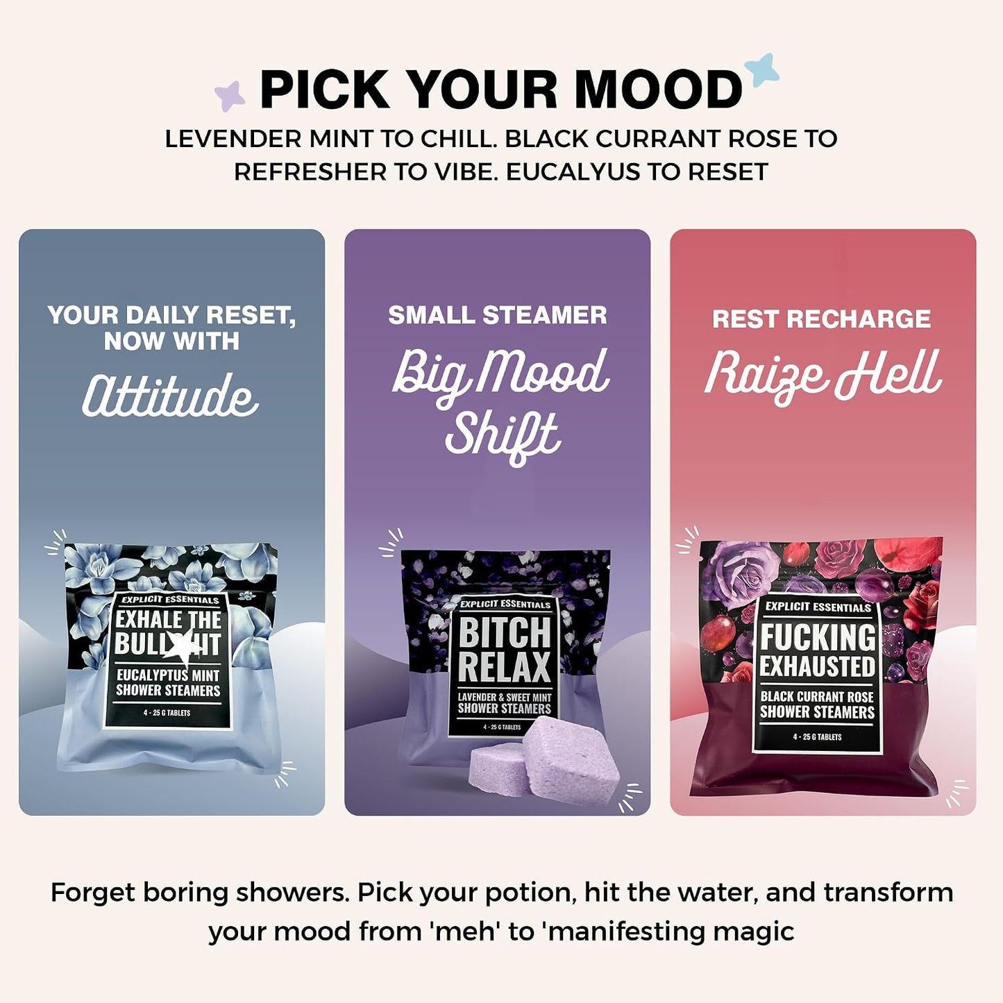 Explicit Essentials Shower Steamers Gift Set | 12 Aromatherapy Shower Steamers (3 Scent Trio) | Black Currant Rose, Lavender Mint & Eucalyptus Mint | Relaxation & Stress Relief Spa Gift for Self-Care