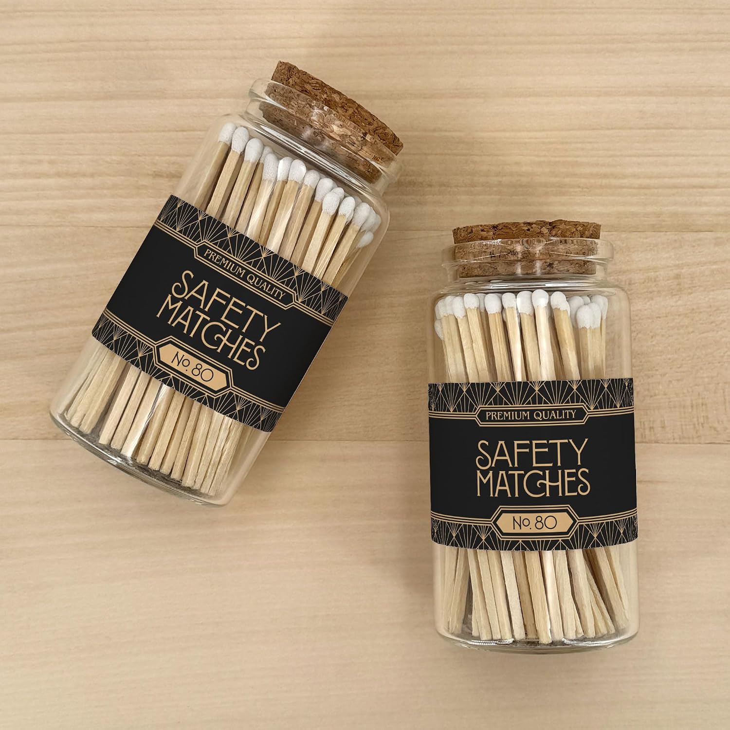Art Deco Wooden Matches in a Jar with Striker | Decorative Matches for Candles | Long Matches for Candles in Apothecary Glass Jar | Approx. 80 Safety Matches for Home Decor & Bathroom