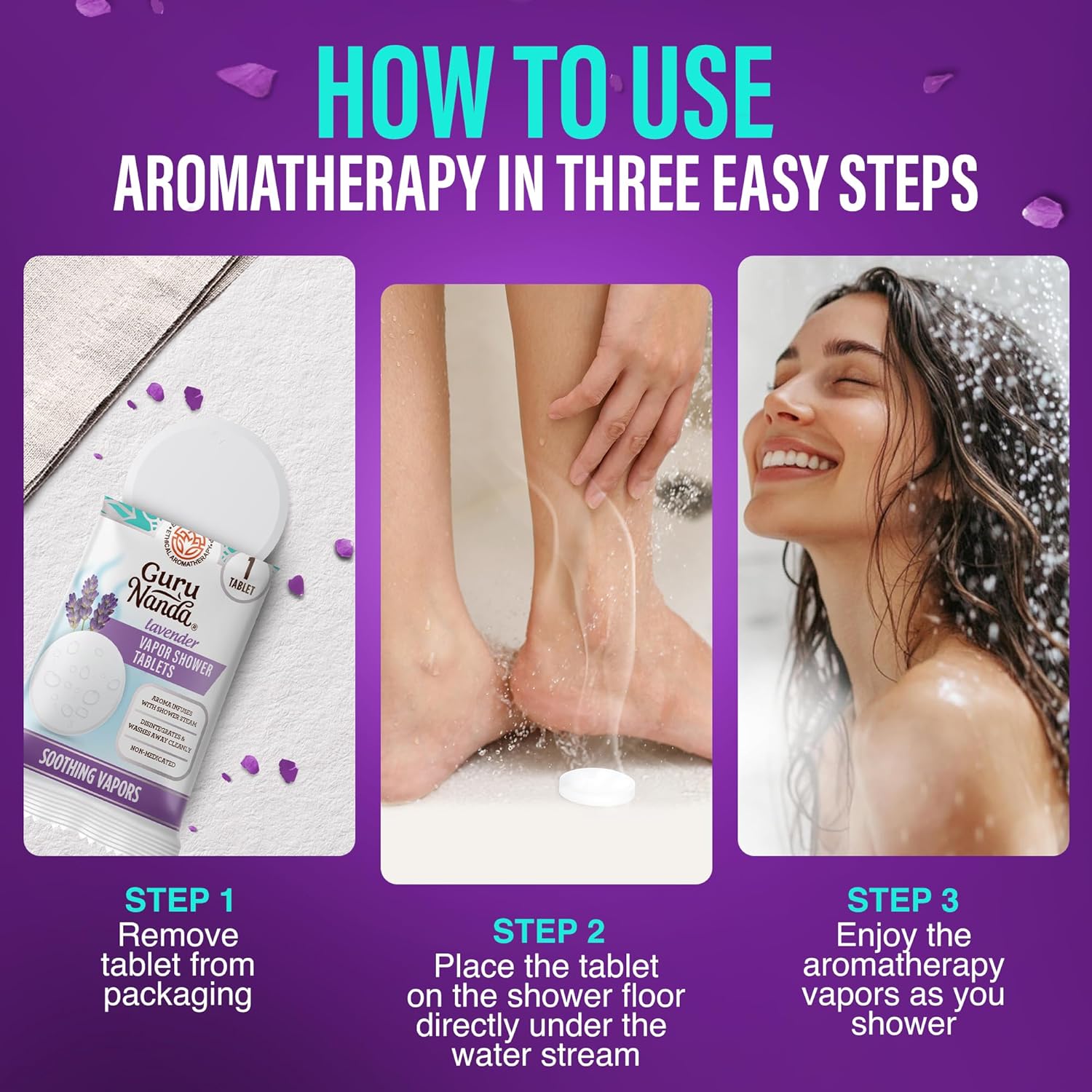 GuruNanda Lavender Vapor Shower Tablets, Clean-Dissolving Aromatherapy Shower Steamers with Lavender & Menthol, Soothes & Promotes Relaxation, Ideal for Gifting, 15 Count