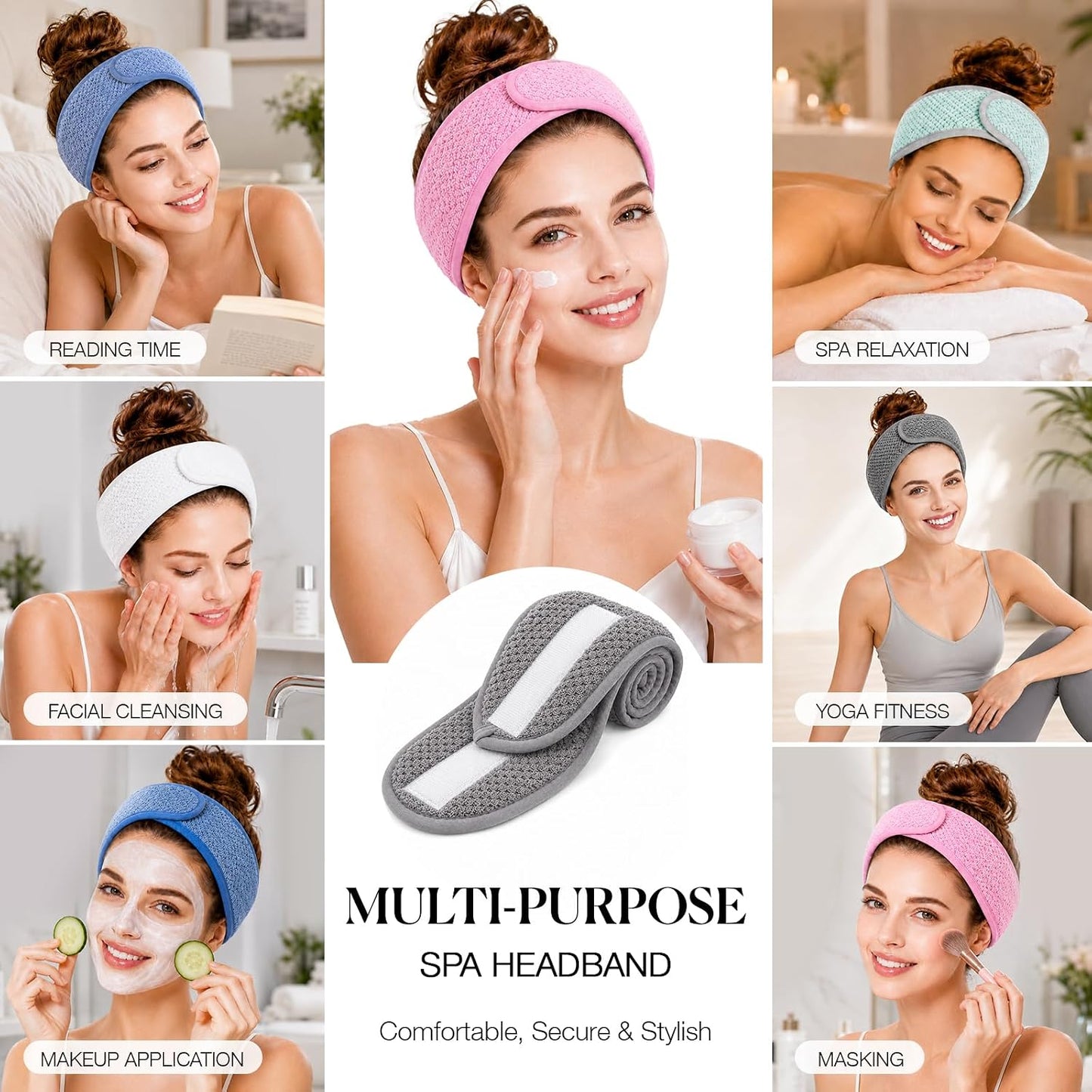 4PCS Extra Long Spa Headband for Women Adjustable Terry Cloth Skincare Headband Stretch Towel Head Wrap for Bath, Makeup Facial Mask（White+Grey+Khaki+Pink）