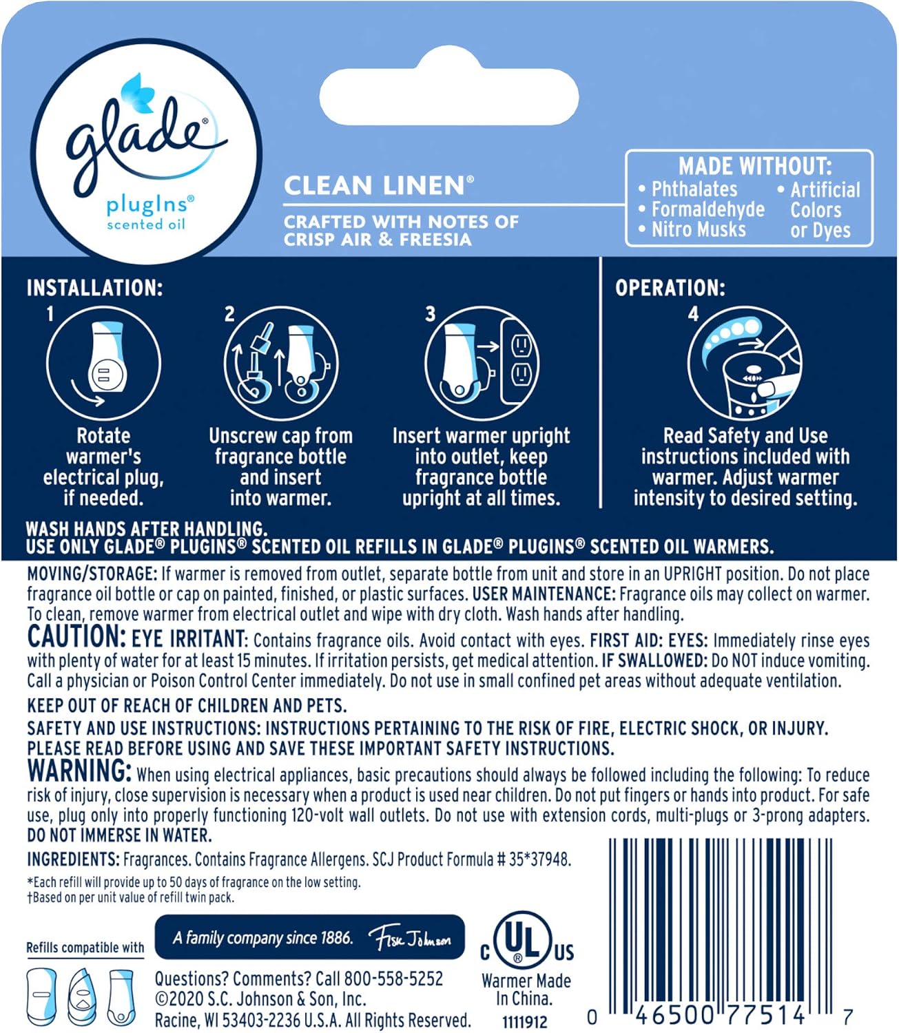 Glade PlugIns Refills Air Freshener Starter Kit, Clean Linen, Scented and Essential Oils for Home and Bathroom, 0.67 Fl Oz, 1 Warmer + 1 Refill