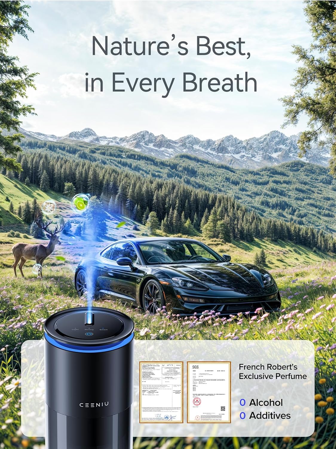 Ceeniu Car Air Freshener CF12 Pro, Smart Ultrasonic Diffuser, Enlarged Spray Nozzle, Auto On/Off, 3 Modes, Ambient Light, 700mAh Built-in Battery, Perfume Natural Fragrance for Women, Lasts 4 Months