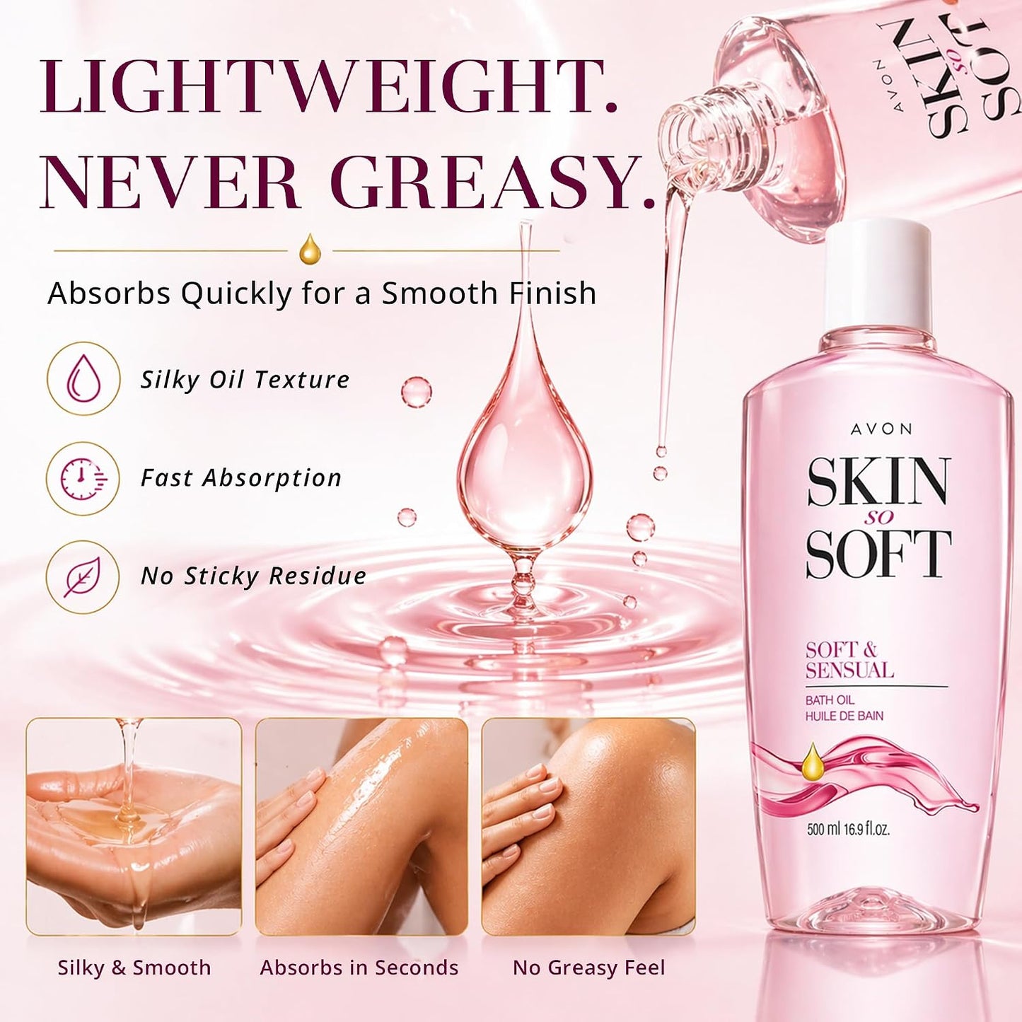 AVON Skin So Soft Soft & Sensual Bath Oil with Argan— Moisturizing Shower Oil for Dry Skin — Hydrating in & After-Shower Care for Women & Men —Non Greasy, Scented Bath and Body Essential, 16.9 fl oz