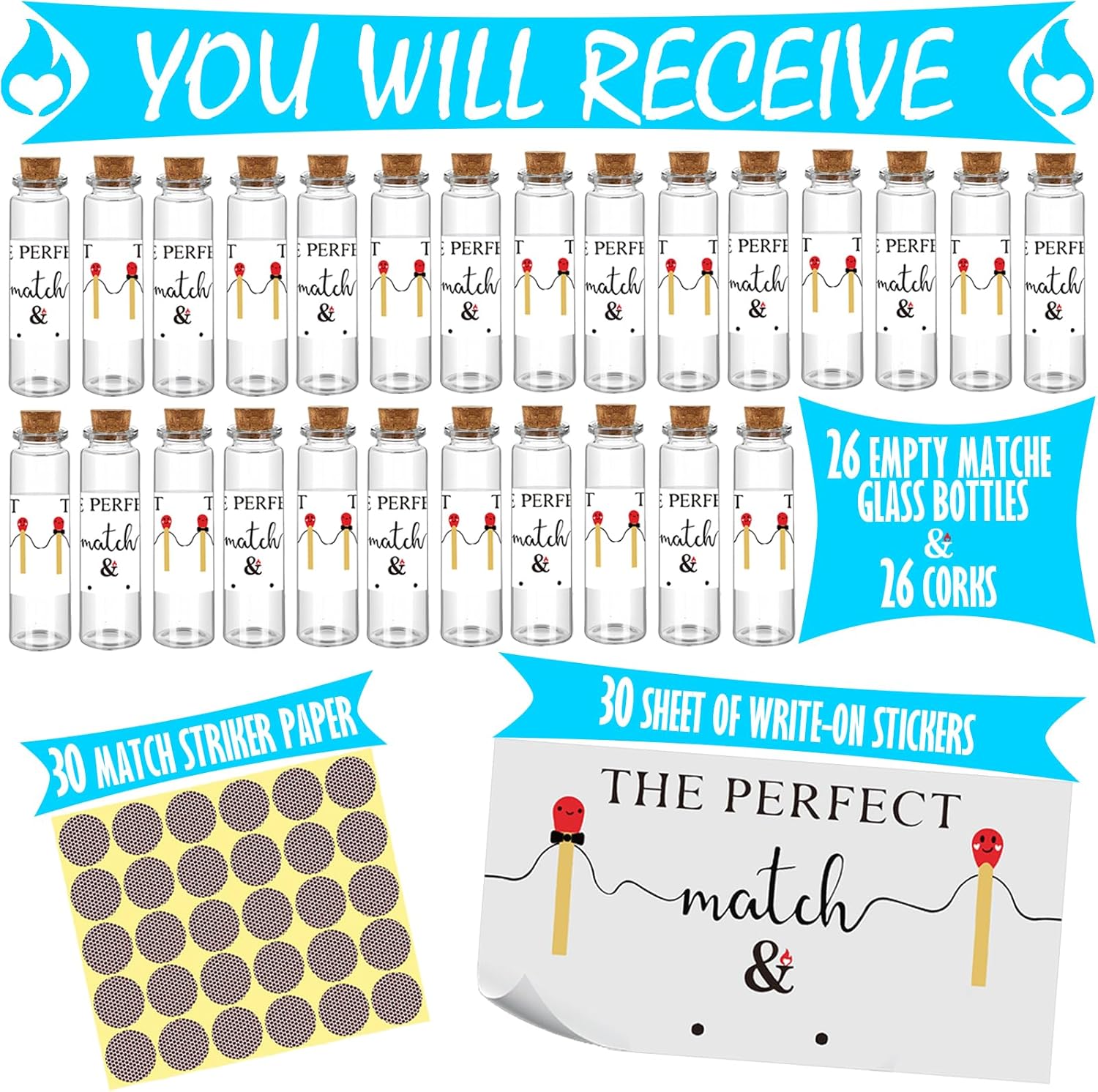 26 Set of Empty Match Jars With Cork Top And 30 Striker Stickers and 30 DIY Wedding Themed Stickers.DIY Bulk Glass Match Holder,Suitable for Guest Gifts,Bridal Shower Party Favors.